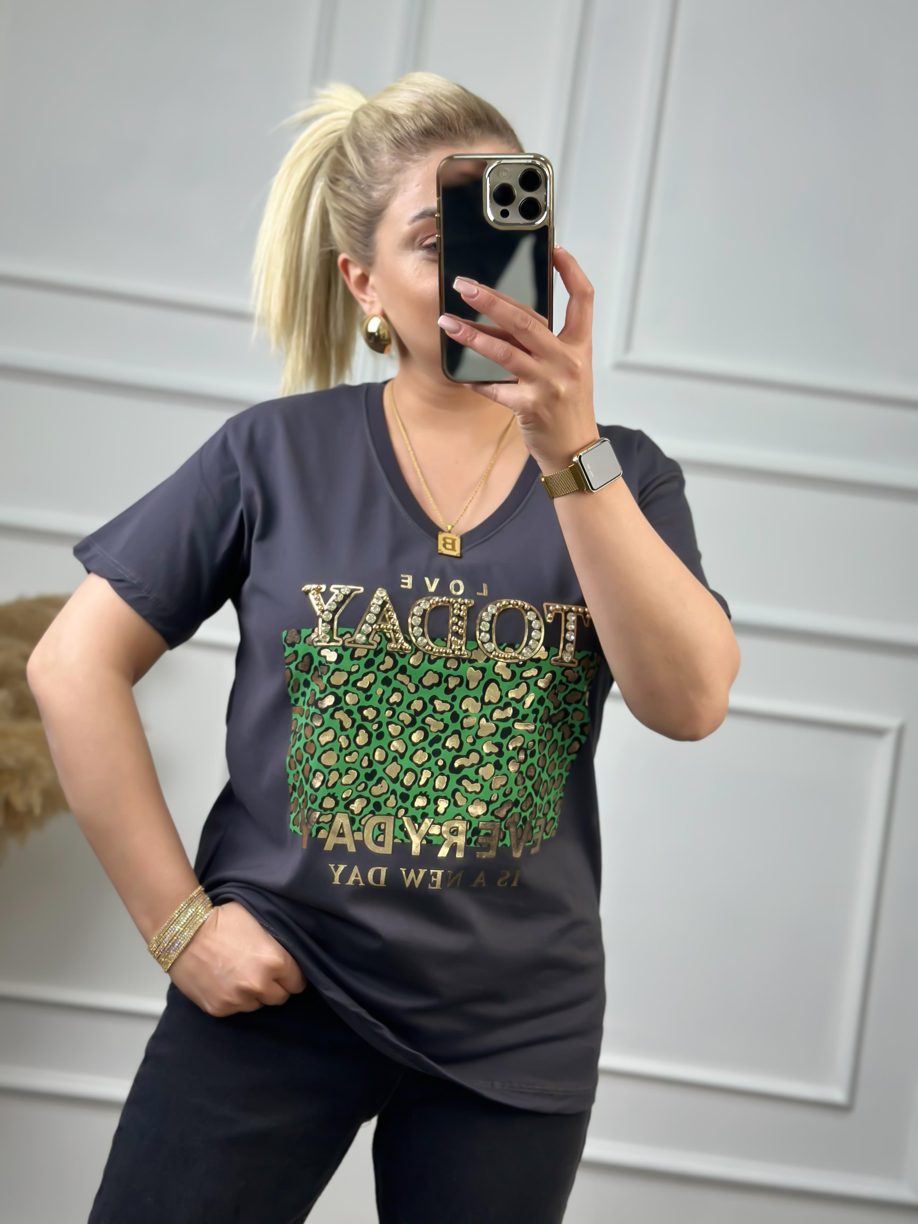 Today V Yaka Taşlı Tshirt ANTRASİT-23YUST000051