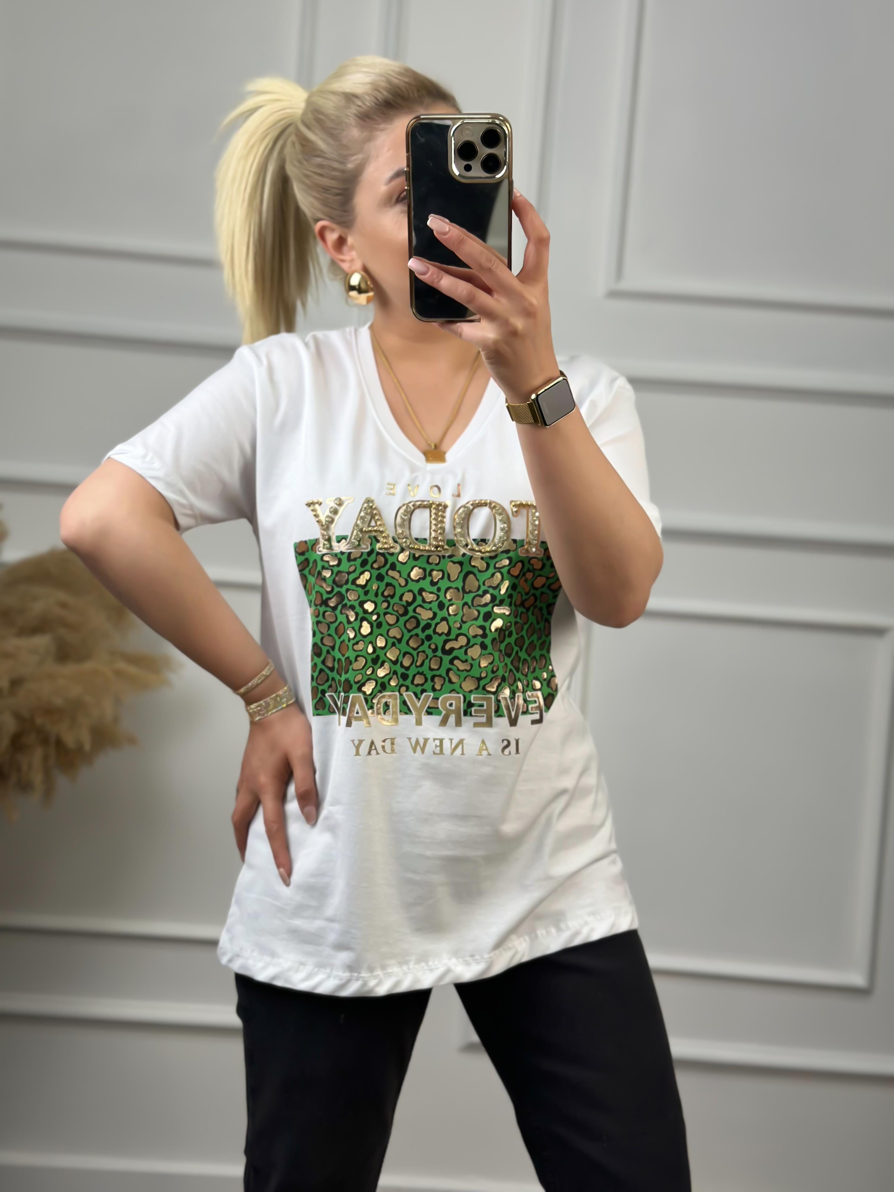 Today V Yaka Taşlı Tshirt BEYAZ-23YUST000051