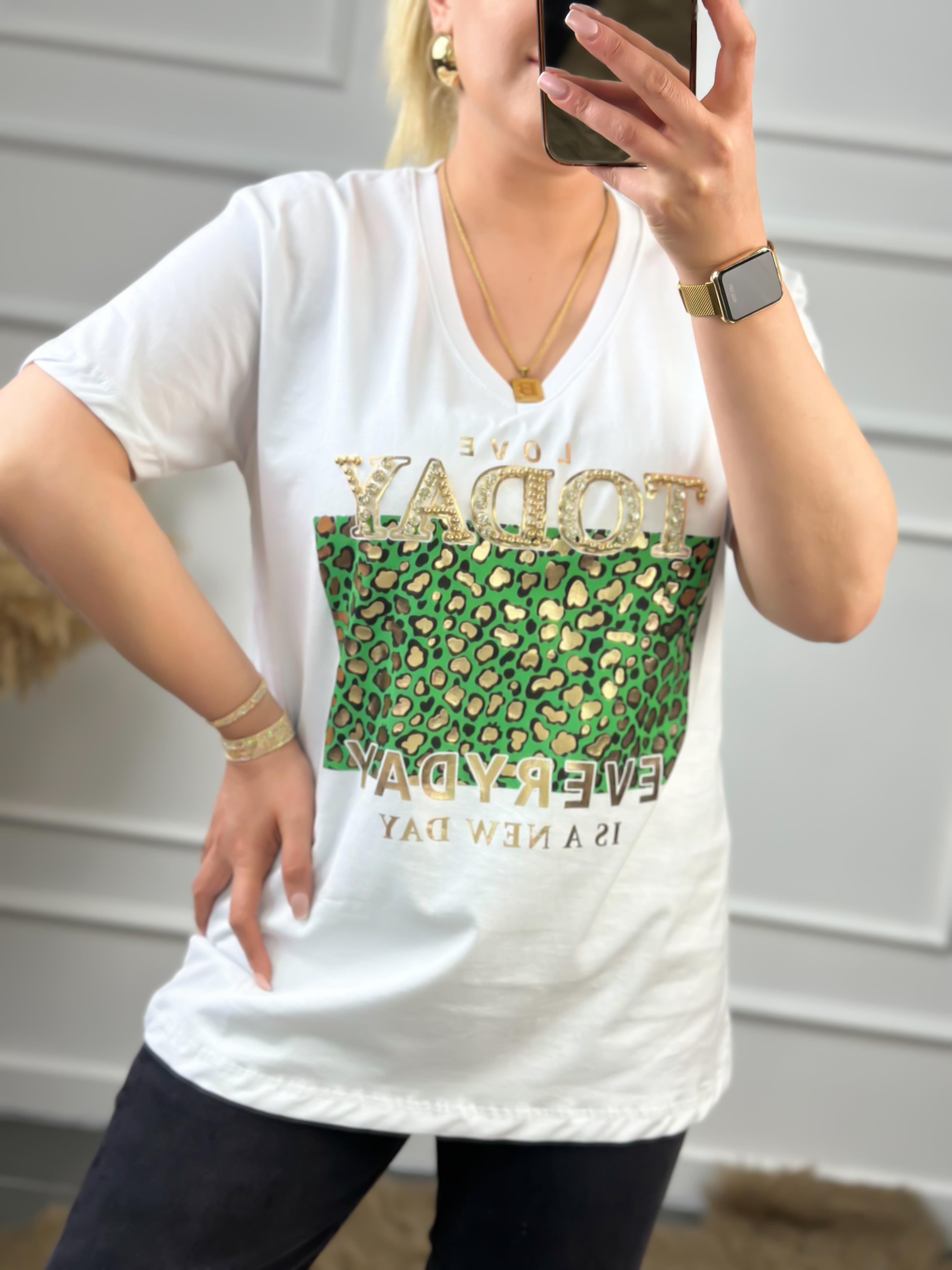Today V Yaka Taşlı Tshirt BEYAZ-23YUST000051