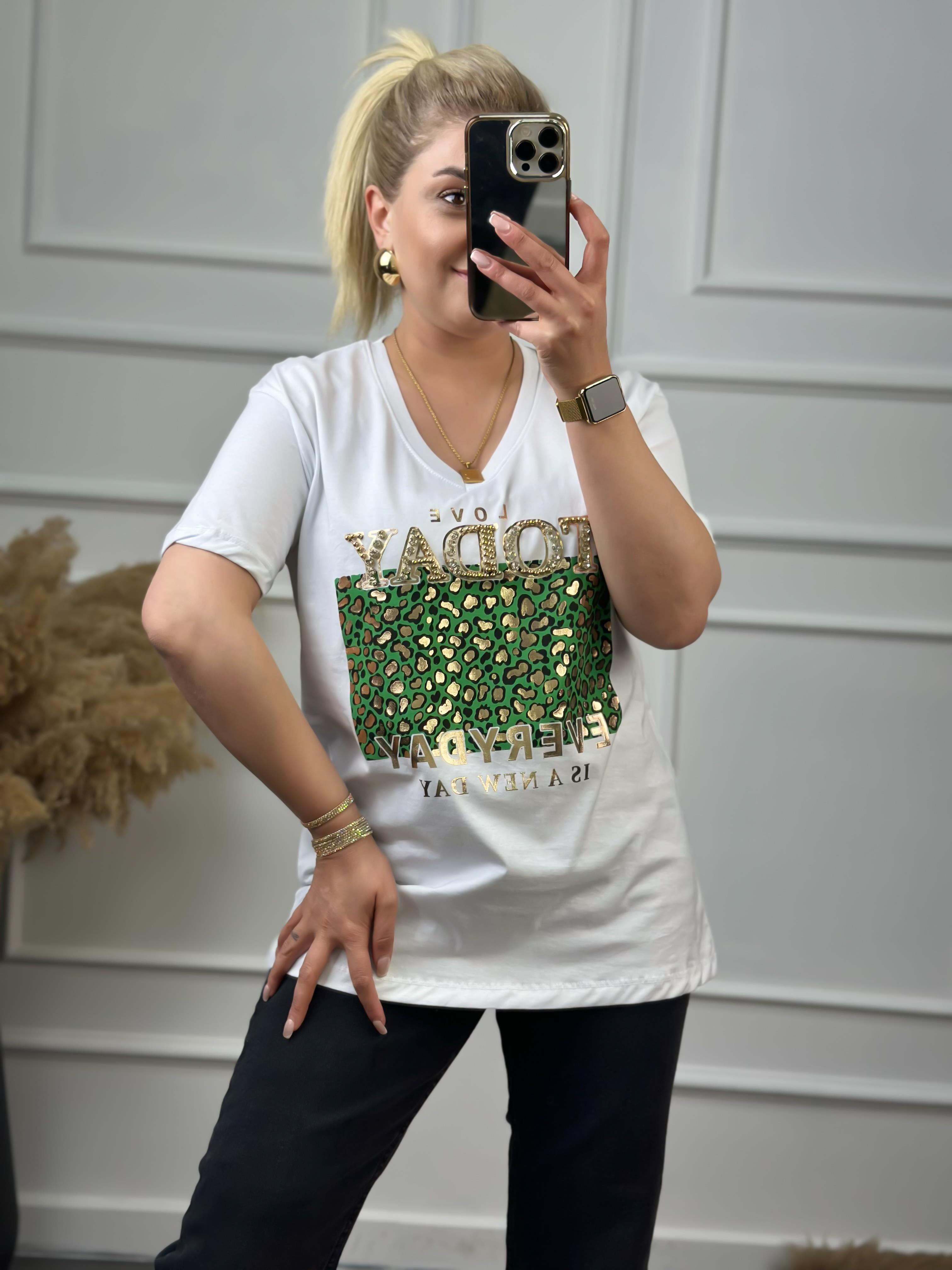 Today V Yaka Taşlı Tshirt BEYAZ-23YUST000051