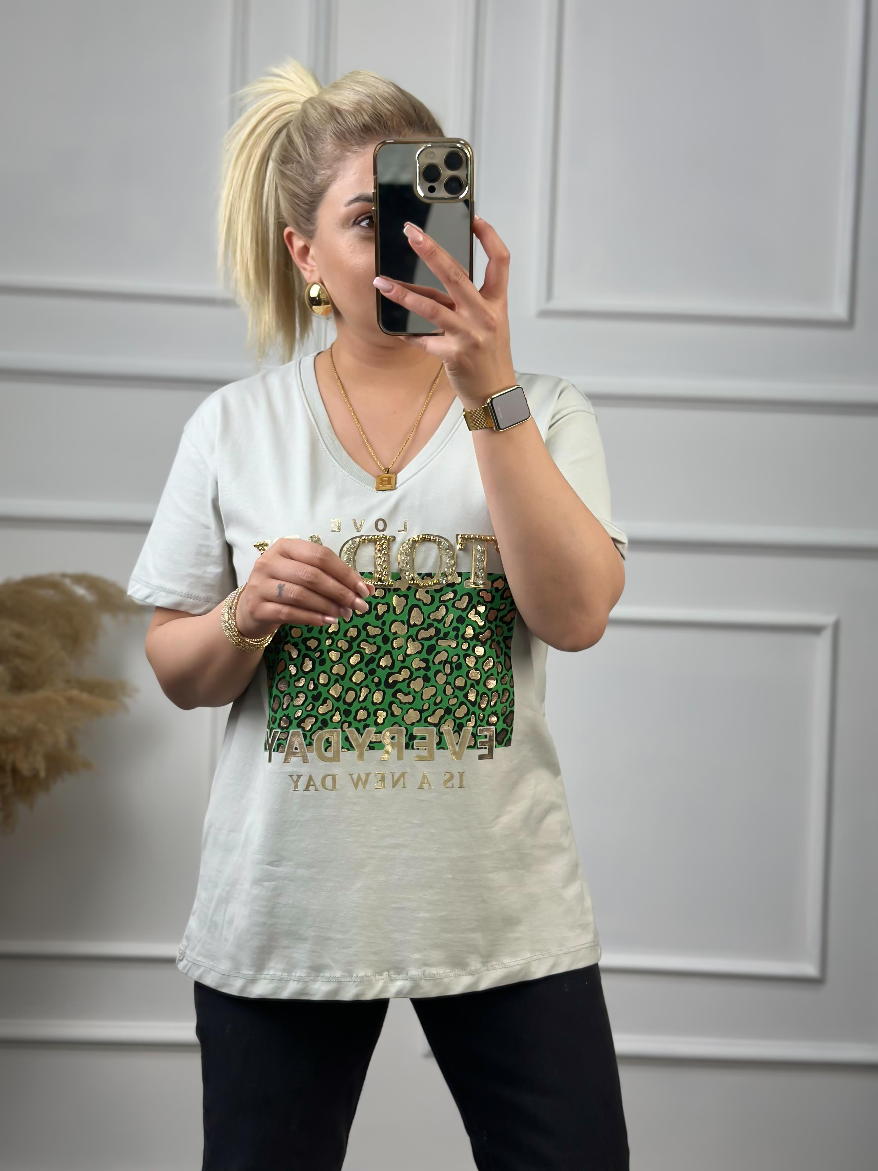 Today V Yaka Taşlı Tshirt Mint-23YUST000051