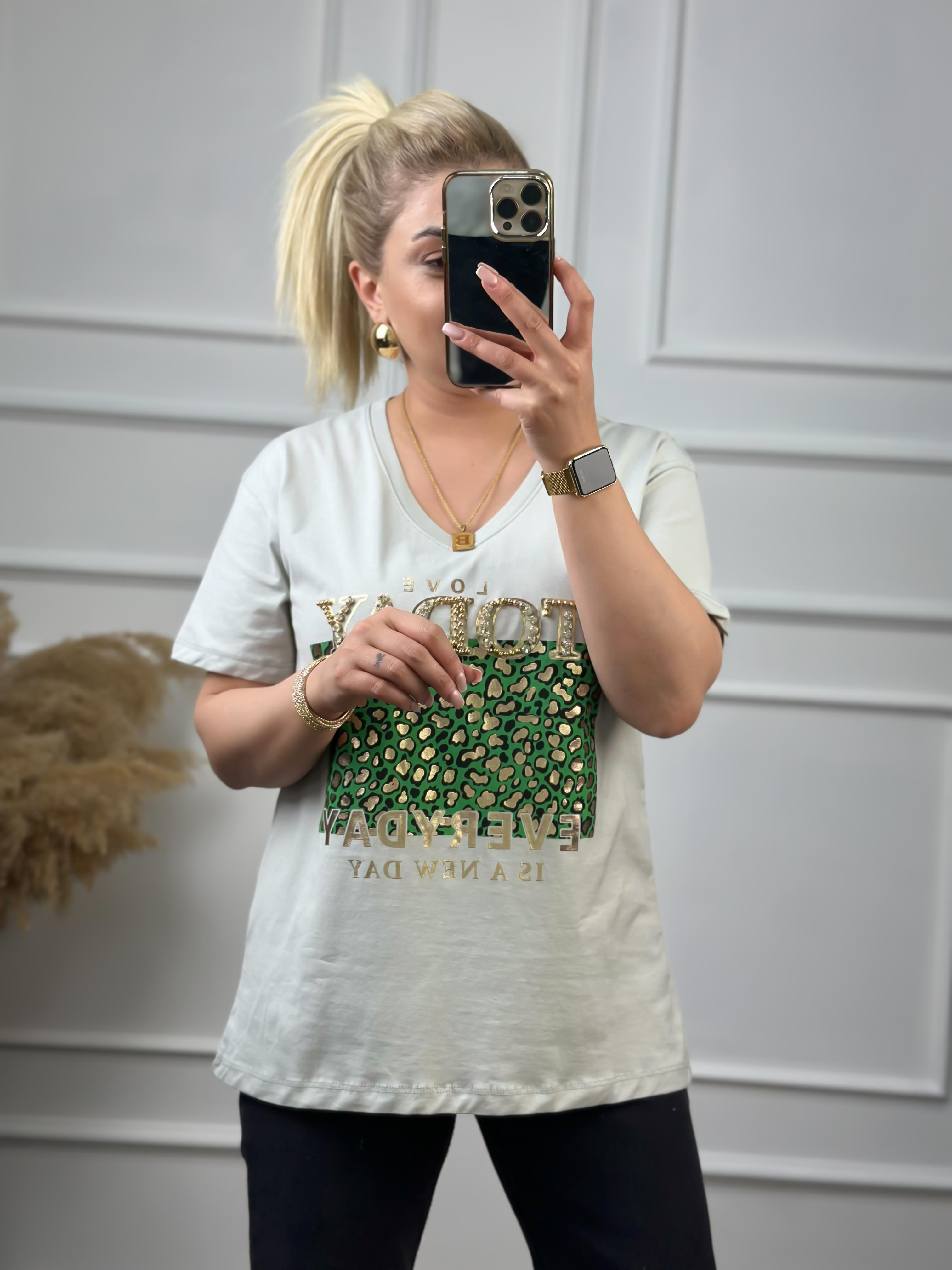 Today V Yaka Taşlı Tshirt Mint-23YUST000051