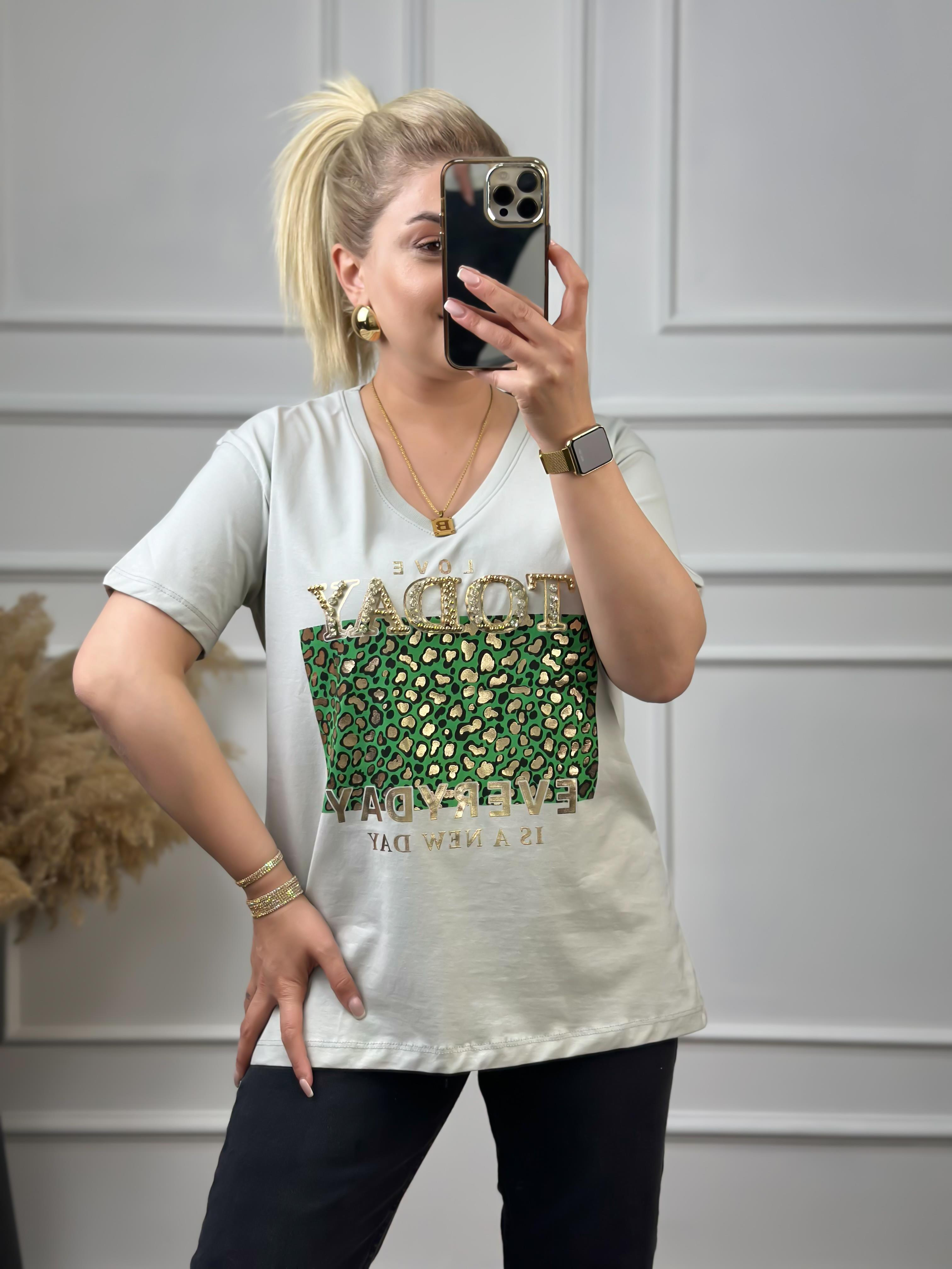 Today V Yaka Taşlı Tshirt Mint-23YUST000051