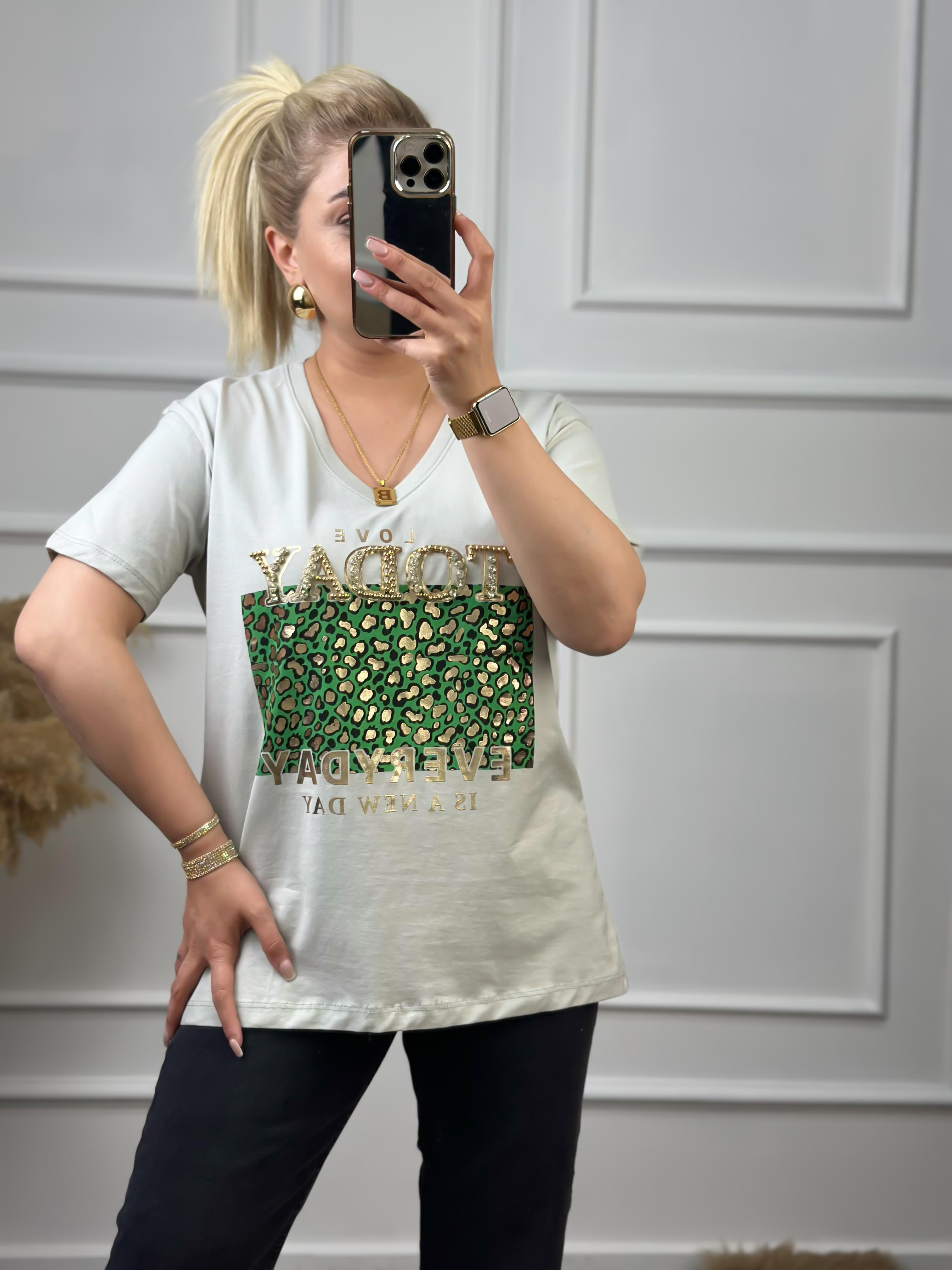 Today V Yaka Taşlı Tshirt Mint-23YUST000051
