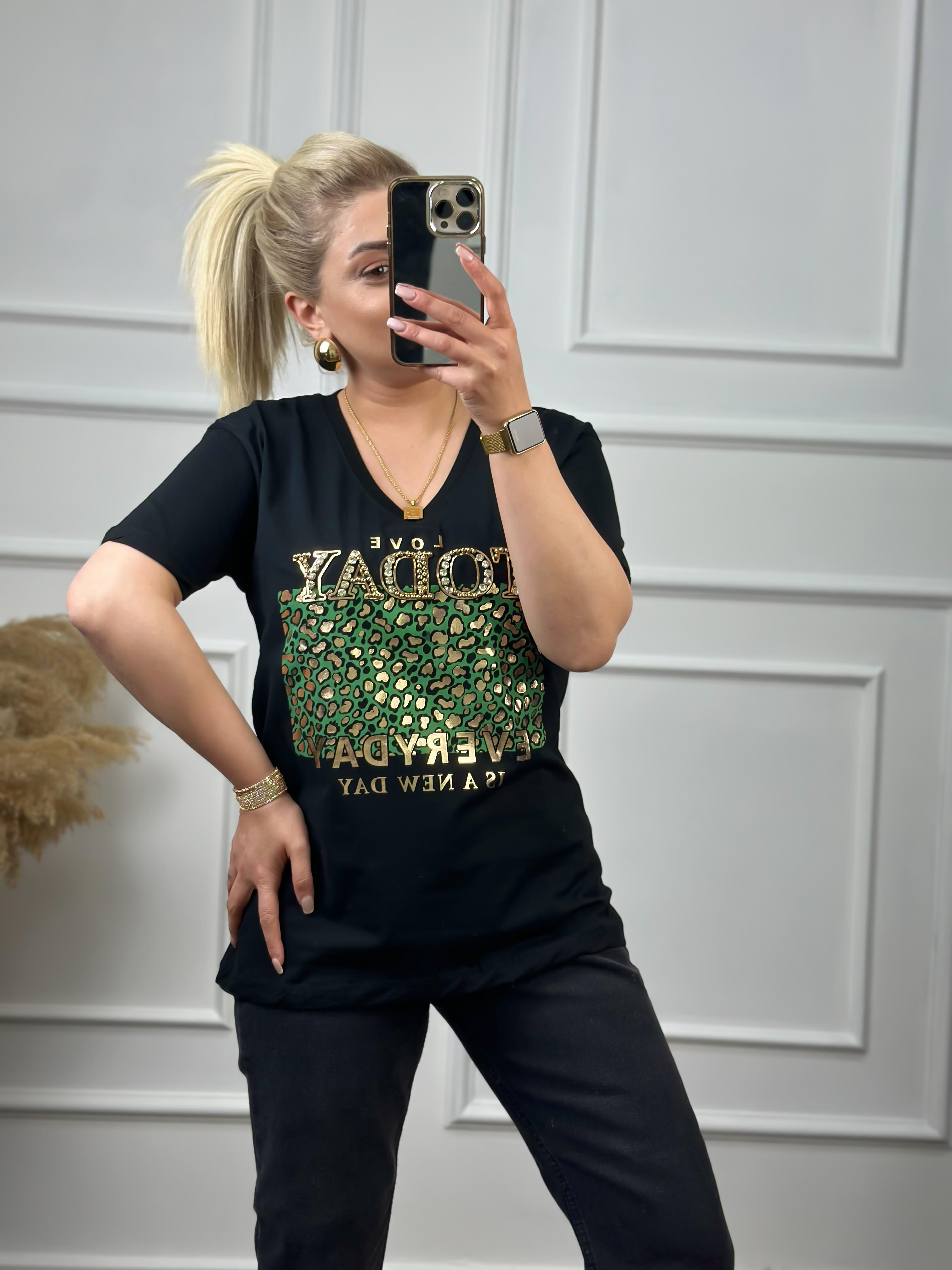 Today V Yaka Taşlı Tshirt SİYAH-23YUST000051