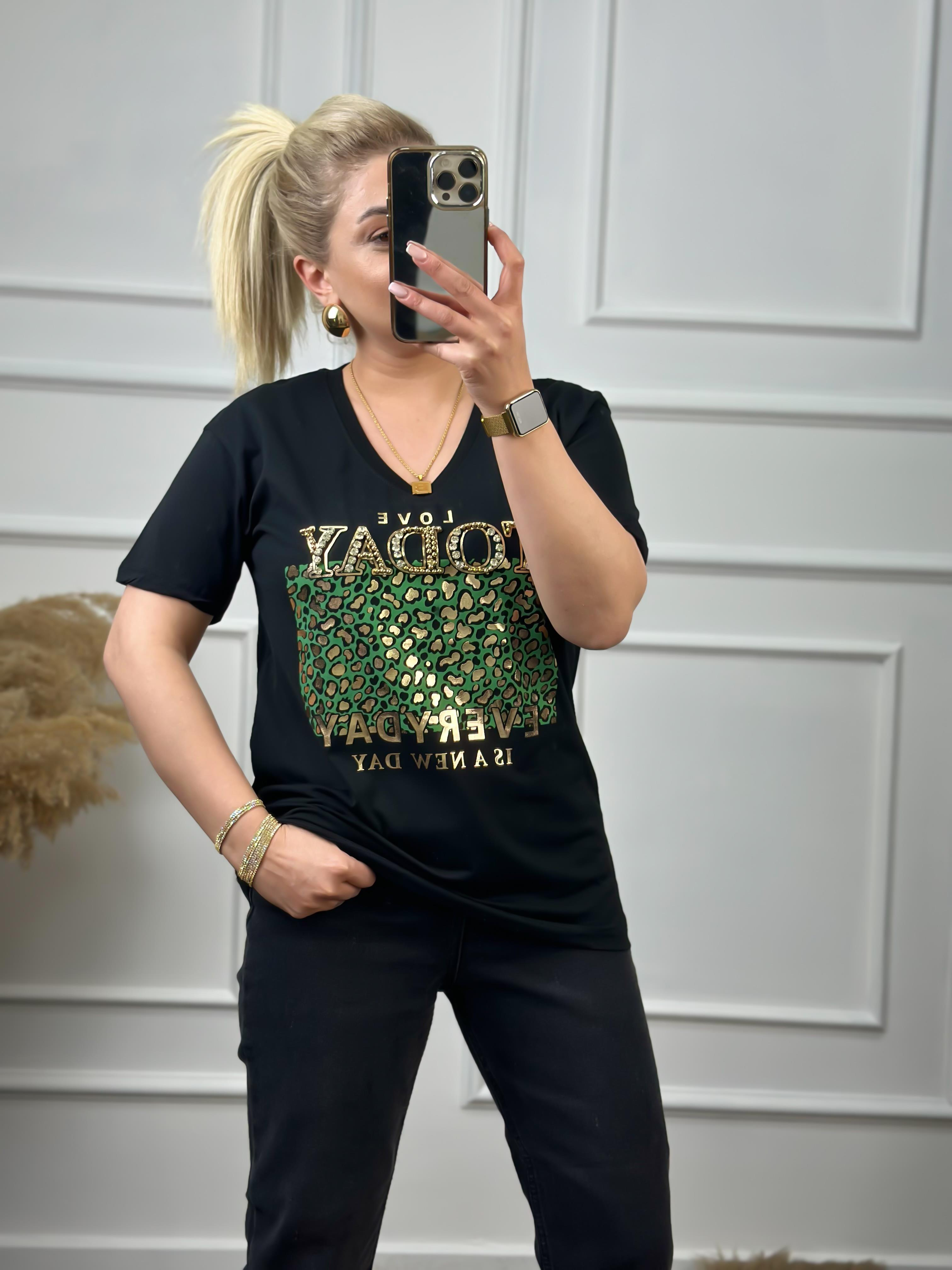 Today V Yaka Taşlı Tshirt SİYAH-23YUST000051
