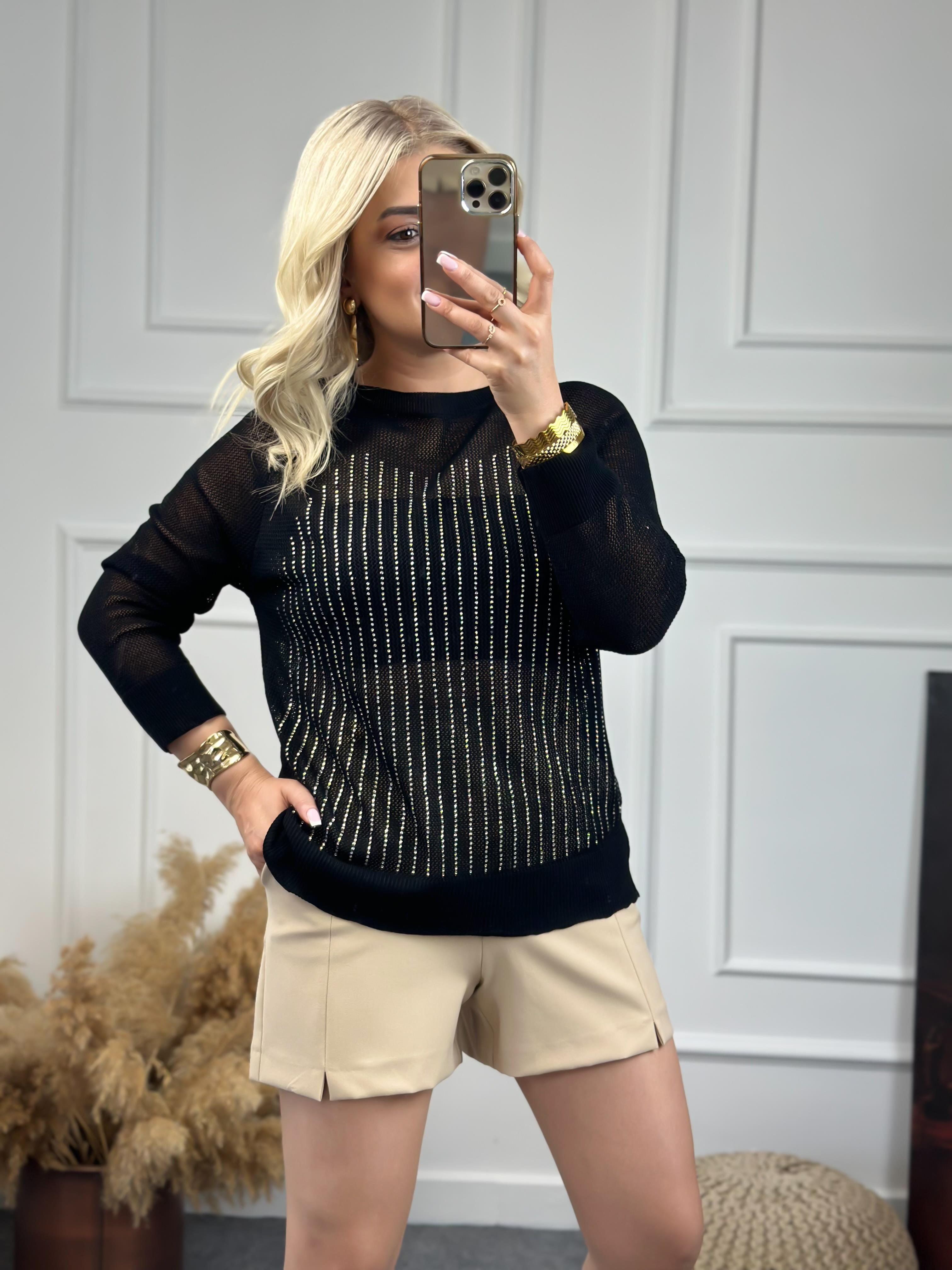 Transparan Taş Detaylı Triko Bluz SİYAH-23YUST000096