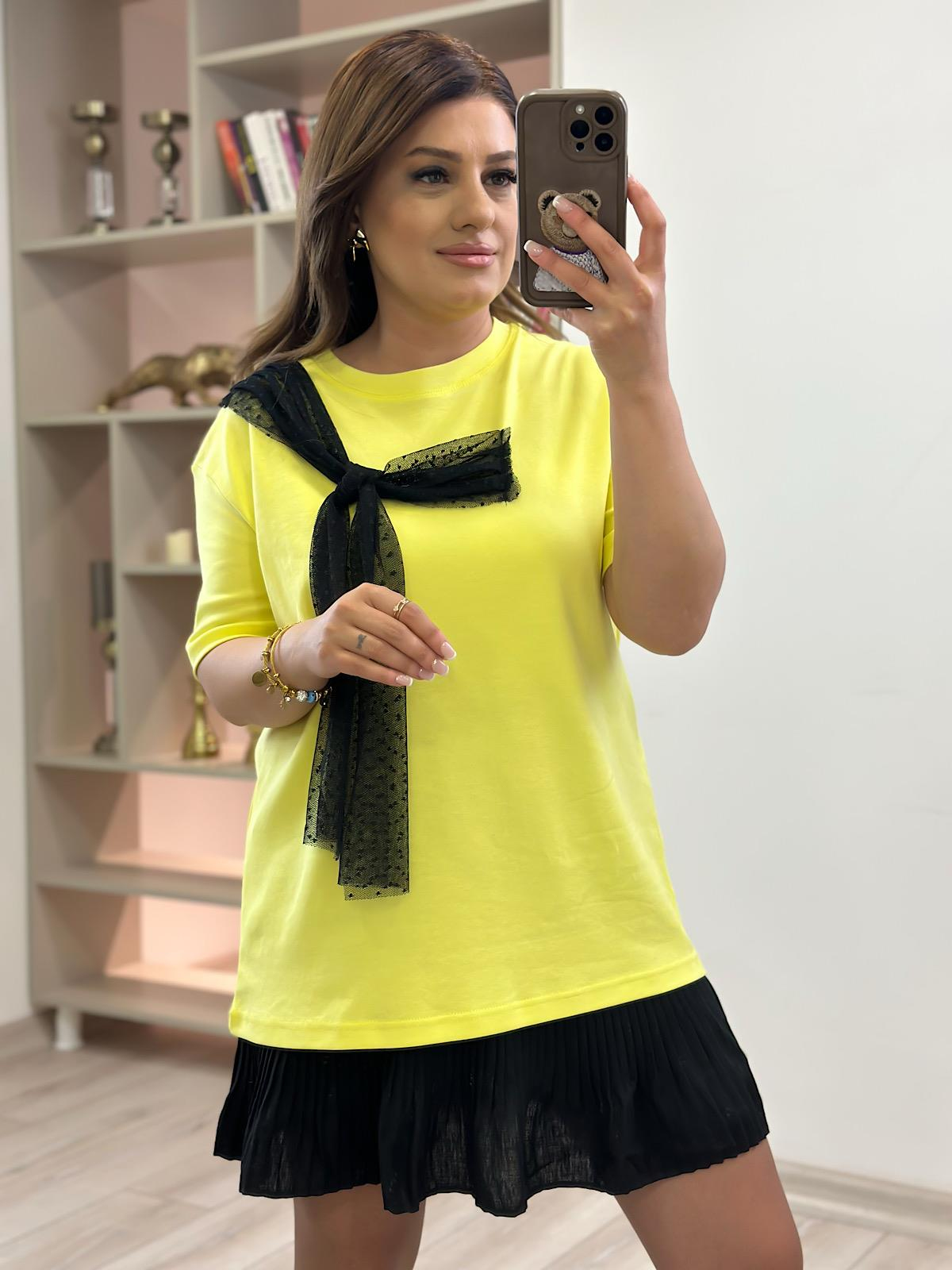 Tül Fiyonk Detaylı Tshirt Sarı-23YUST000214