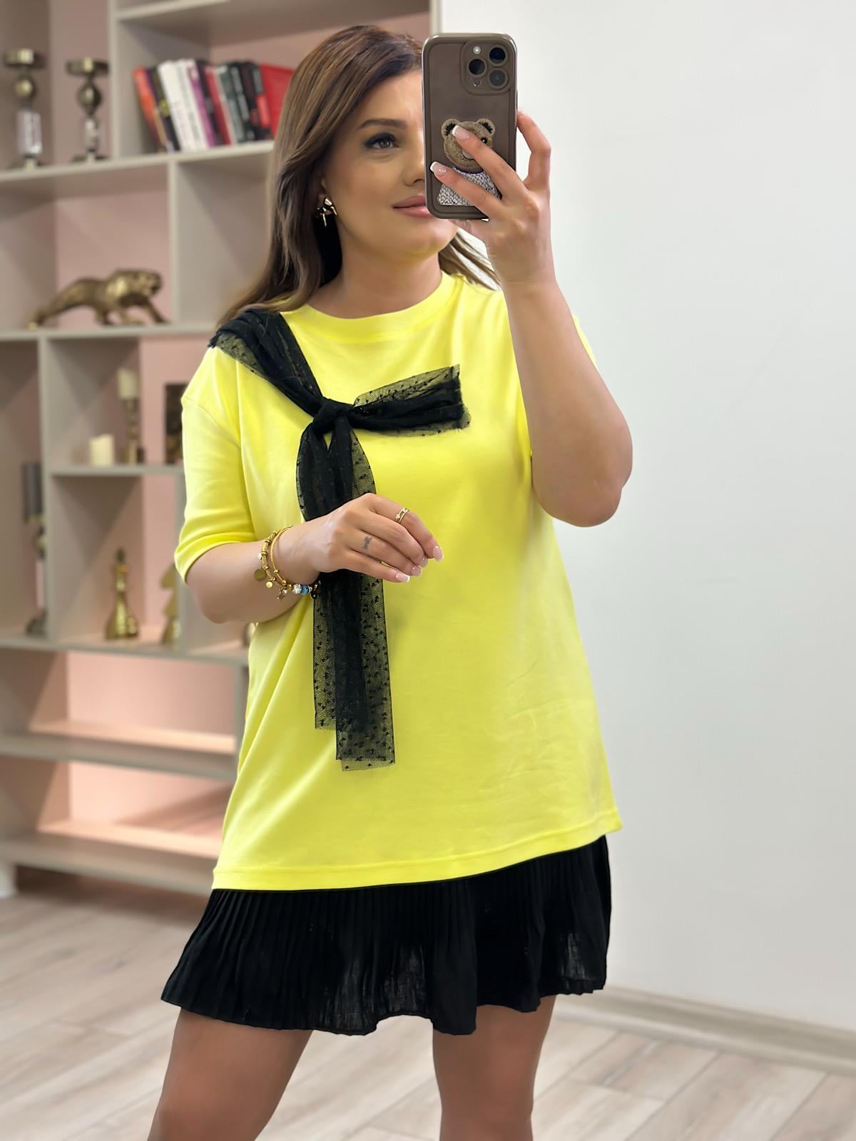 Tül Fiyonk Detaylı Tshirt Sarı-23YUST000214