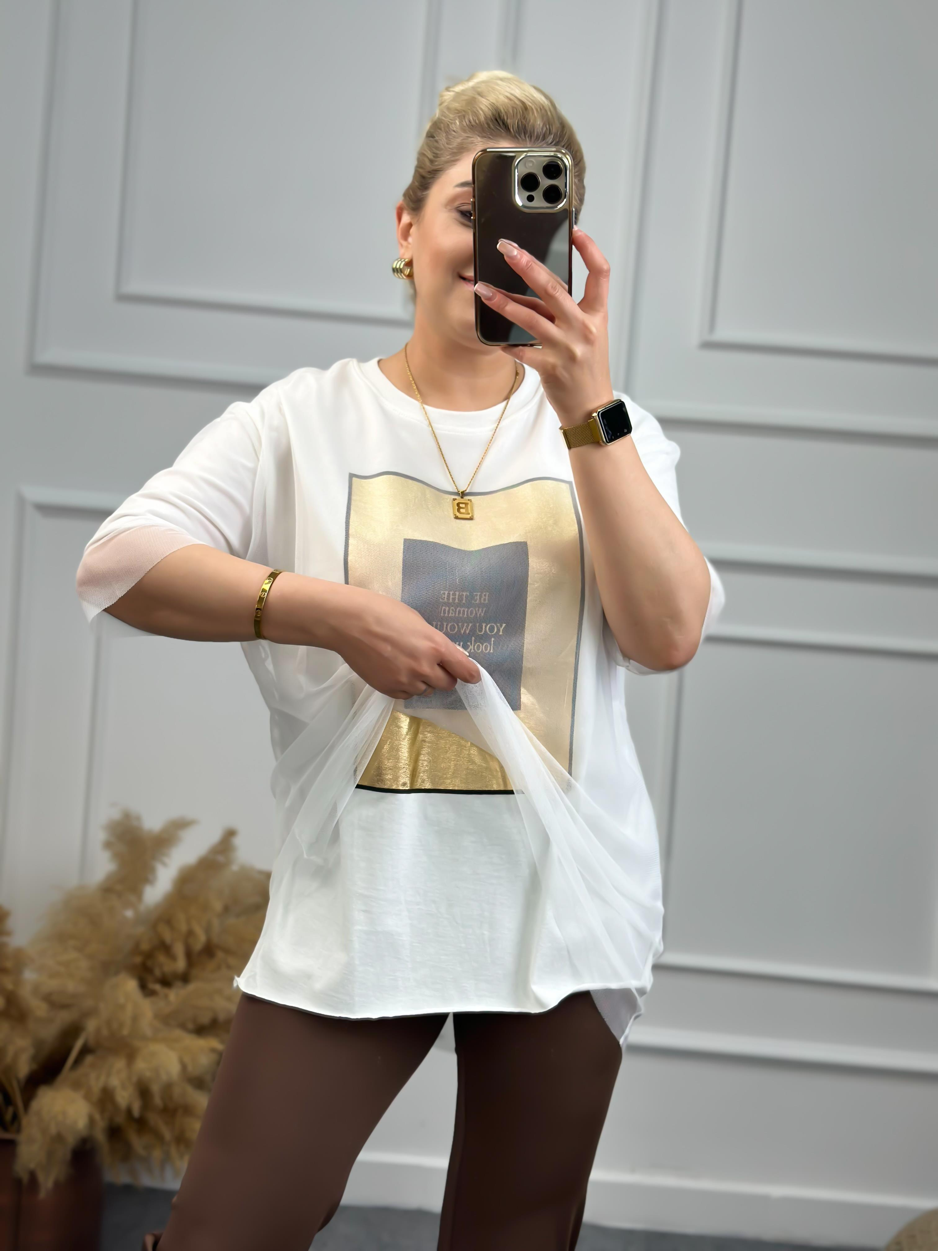 Tüllü Varaklı Tshirt BEJ-23YUST000055