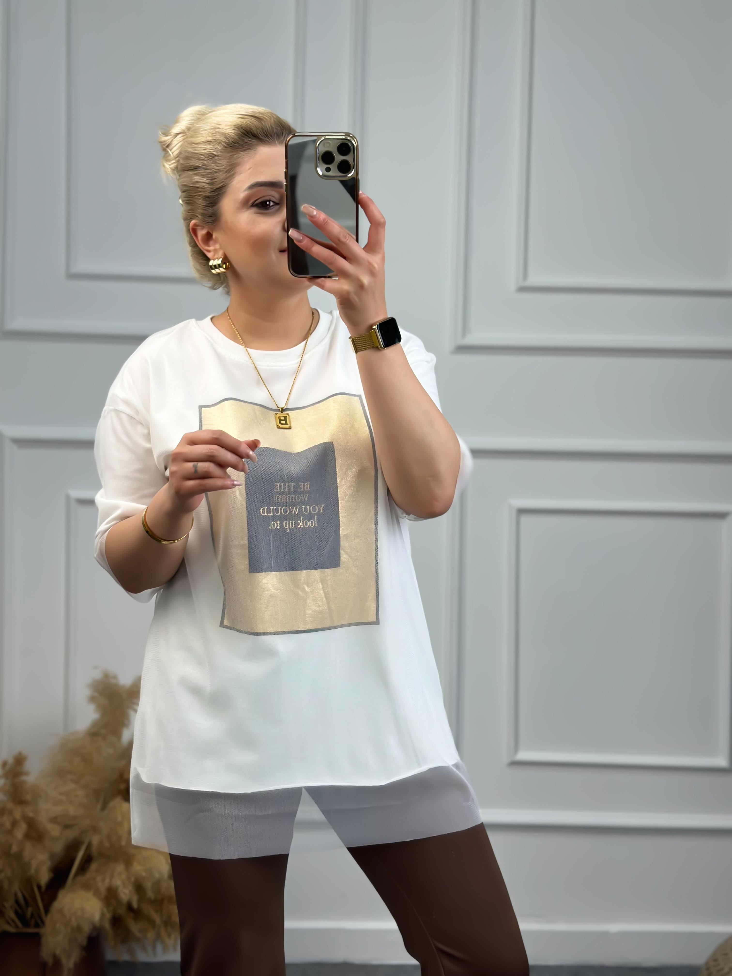 Tüllü Varaklı Tshirt BEJ-23YUST000055
