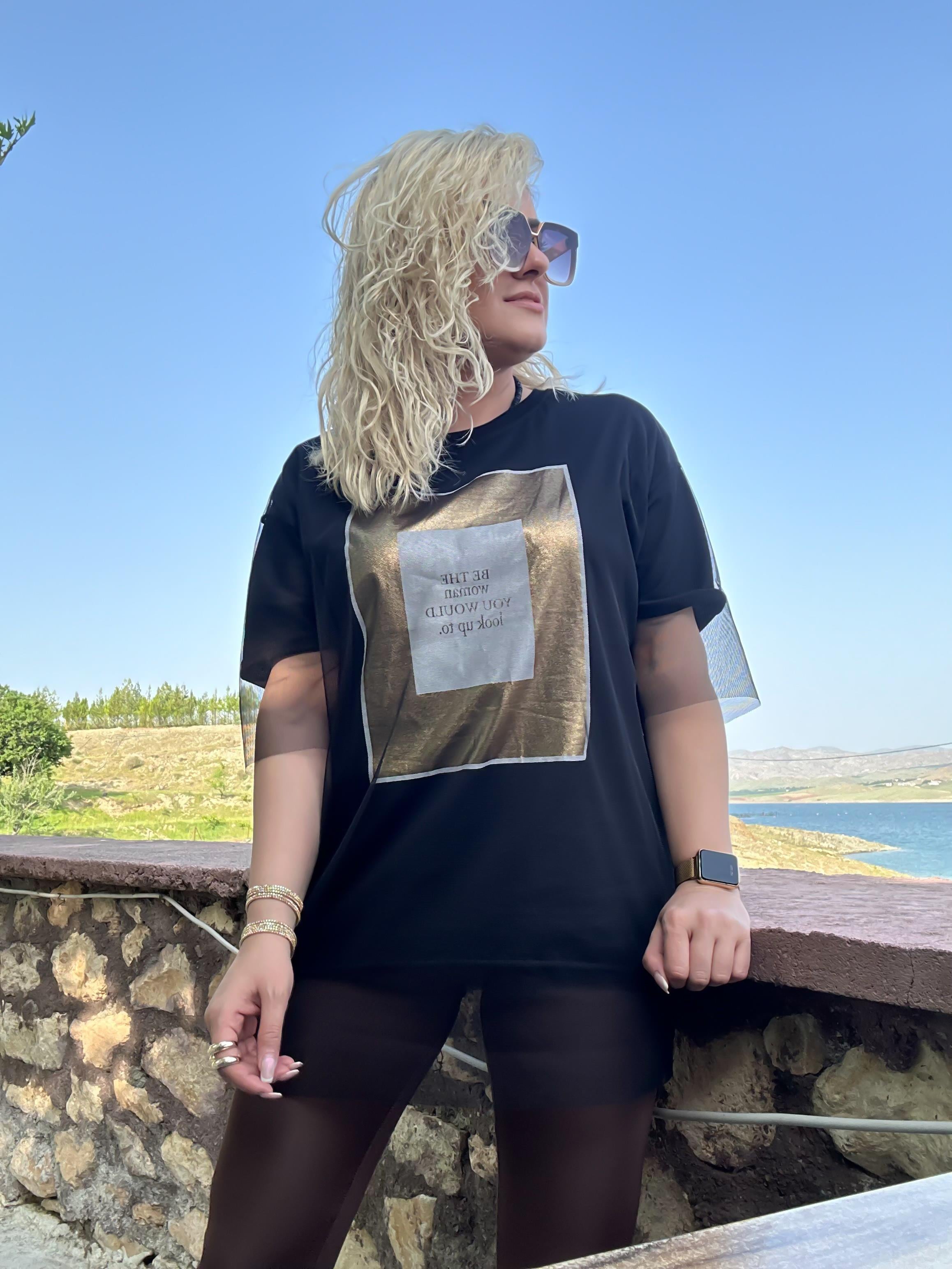 Tüllü Varaklı Tshirt SİYAH-23YUST000055