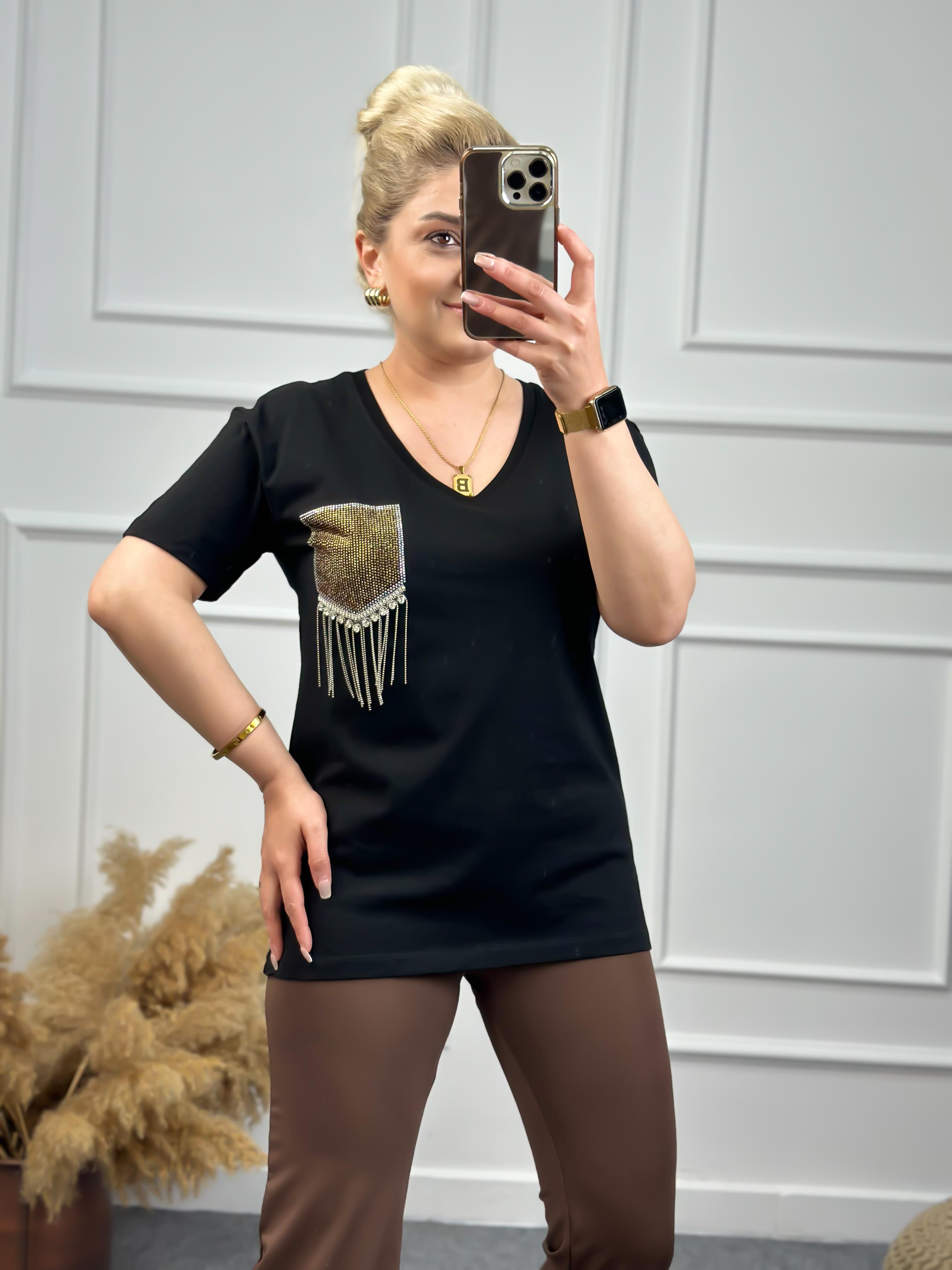 V Yaka Cebi Taşlı Tshirt SİYAH-23YUST000066