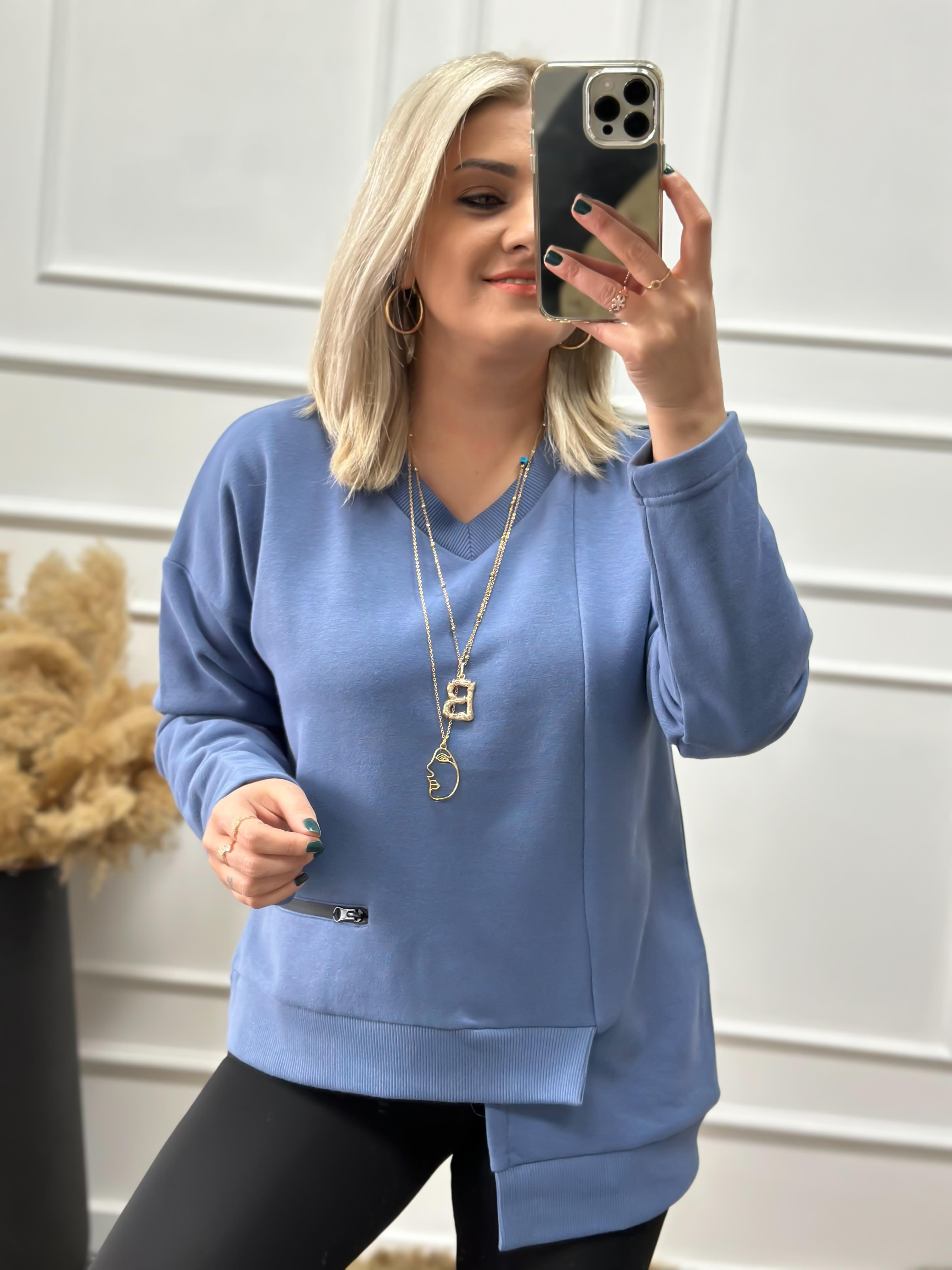 V Yaka Cepli Asimetrik Sweatshırt İNDİGO-23KUST000065