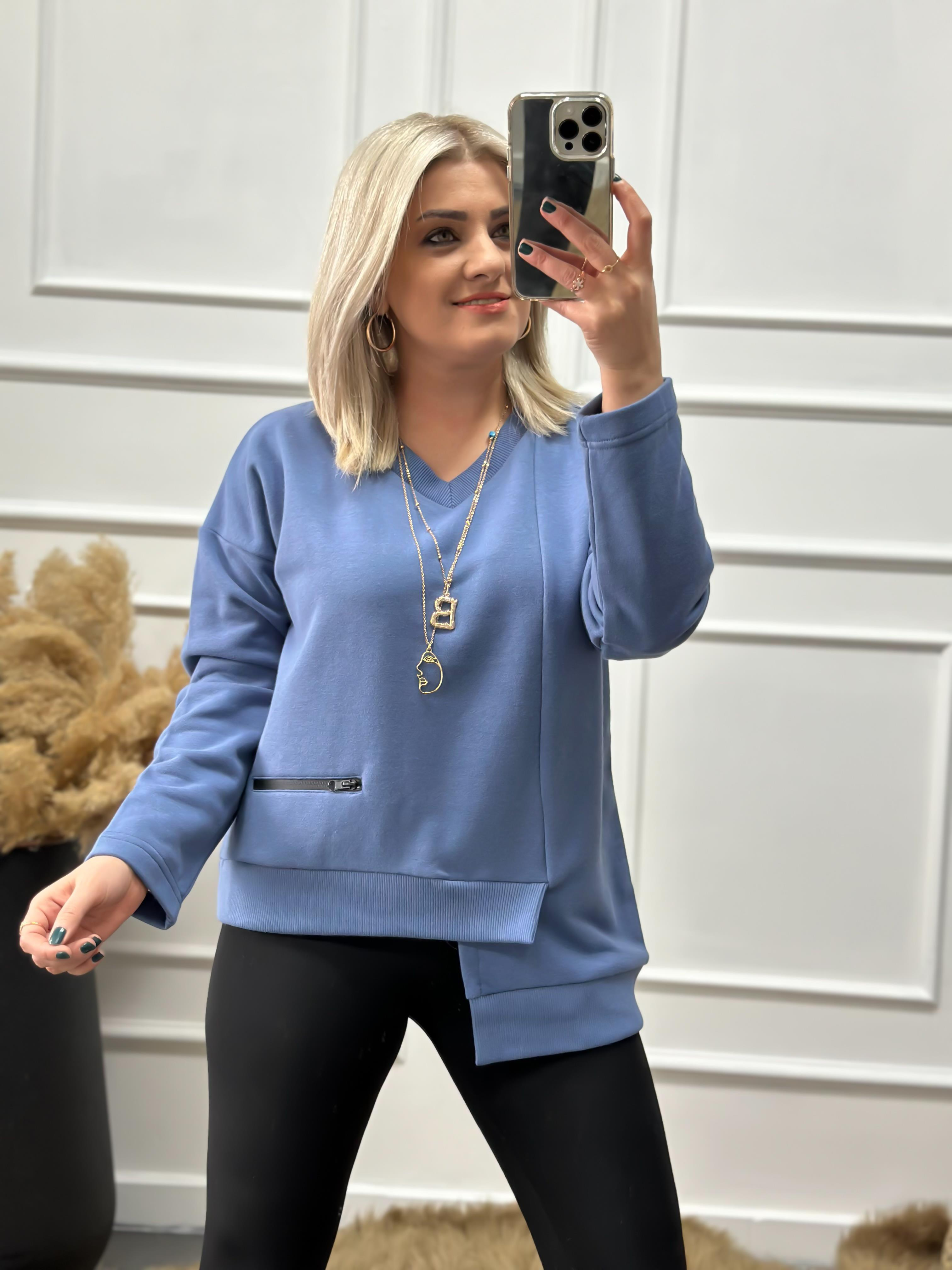 V Yaka Cepli Asimetrik Sweatshırt İNDİGO-23KUST000065