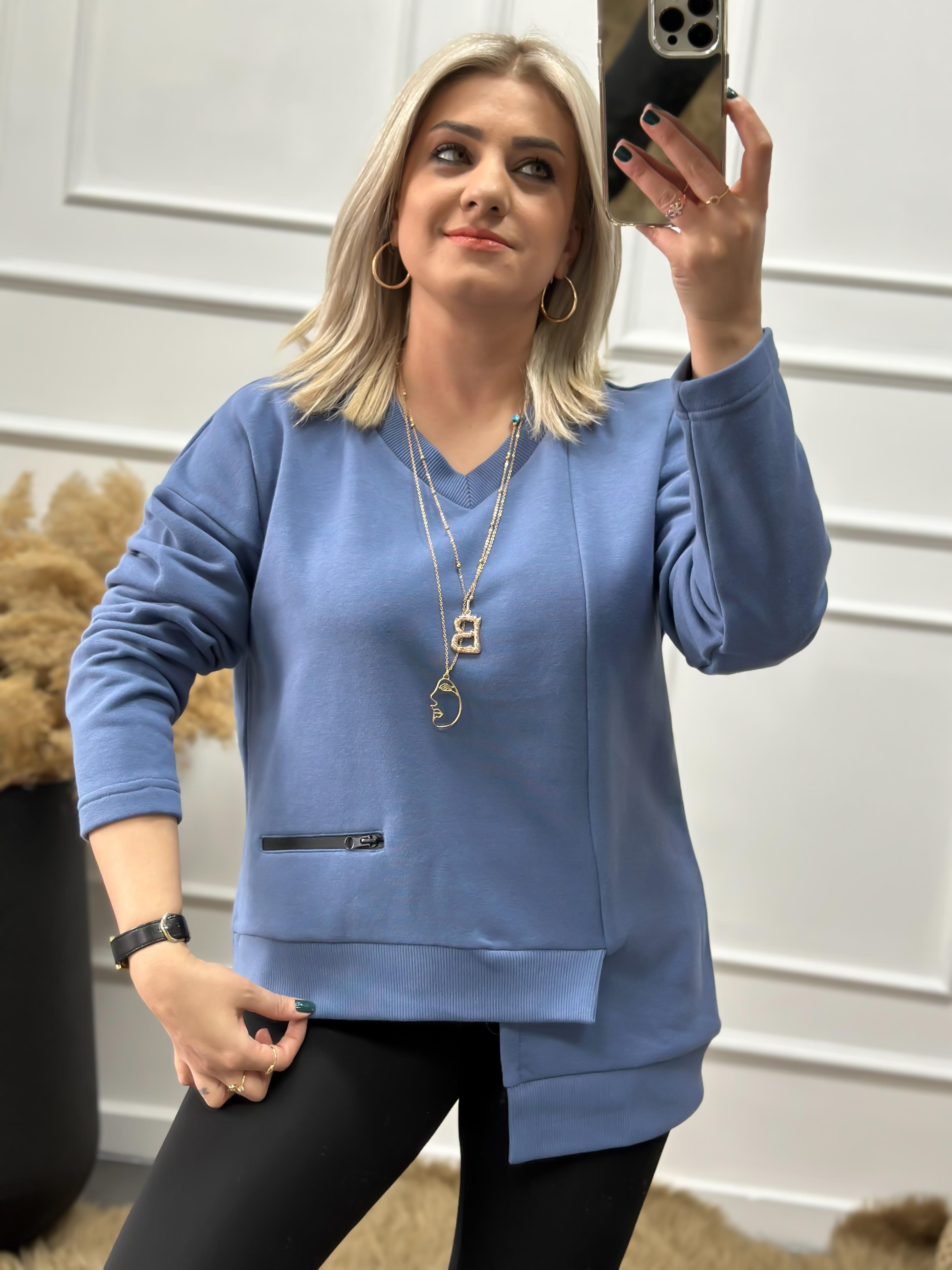 V Yaka Cepli Asimetrik Sweatshırt İNDİGO-23KUST000065