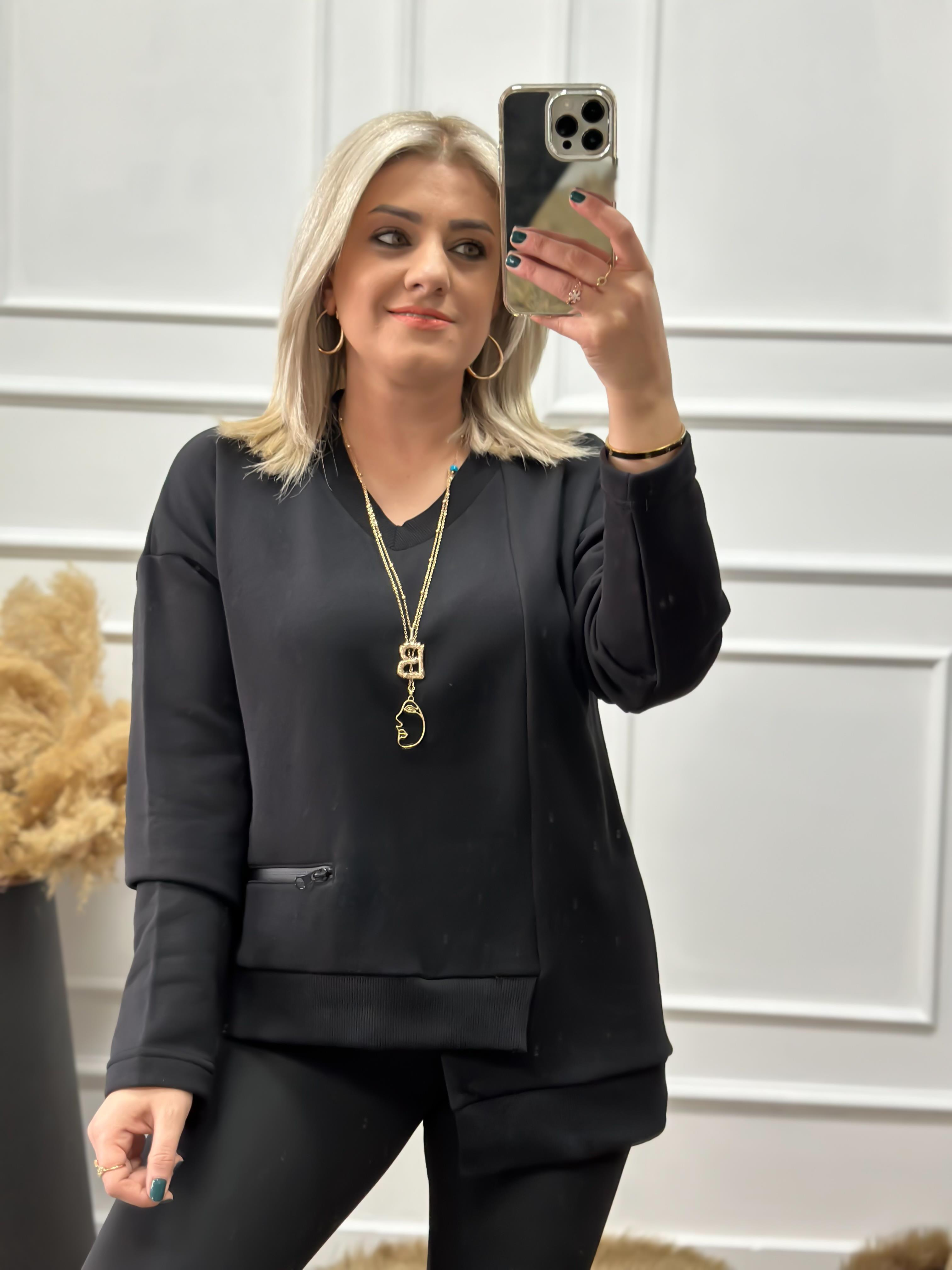 V Yaka Cepli Asimetrik Sweatshırt SİYAH-23KUST000065