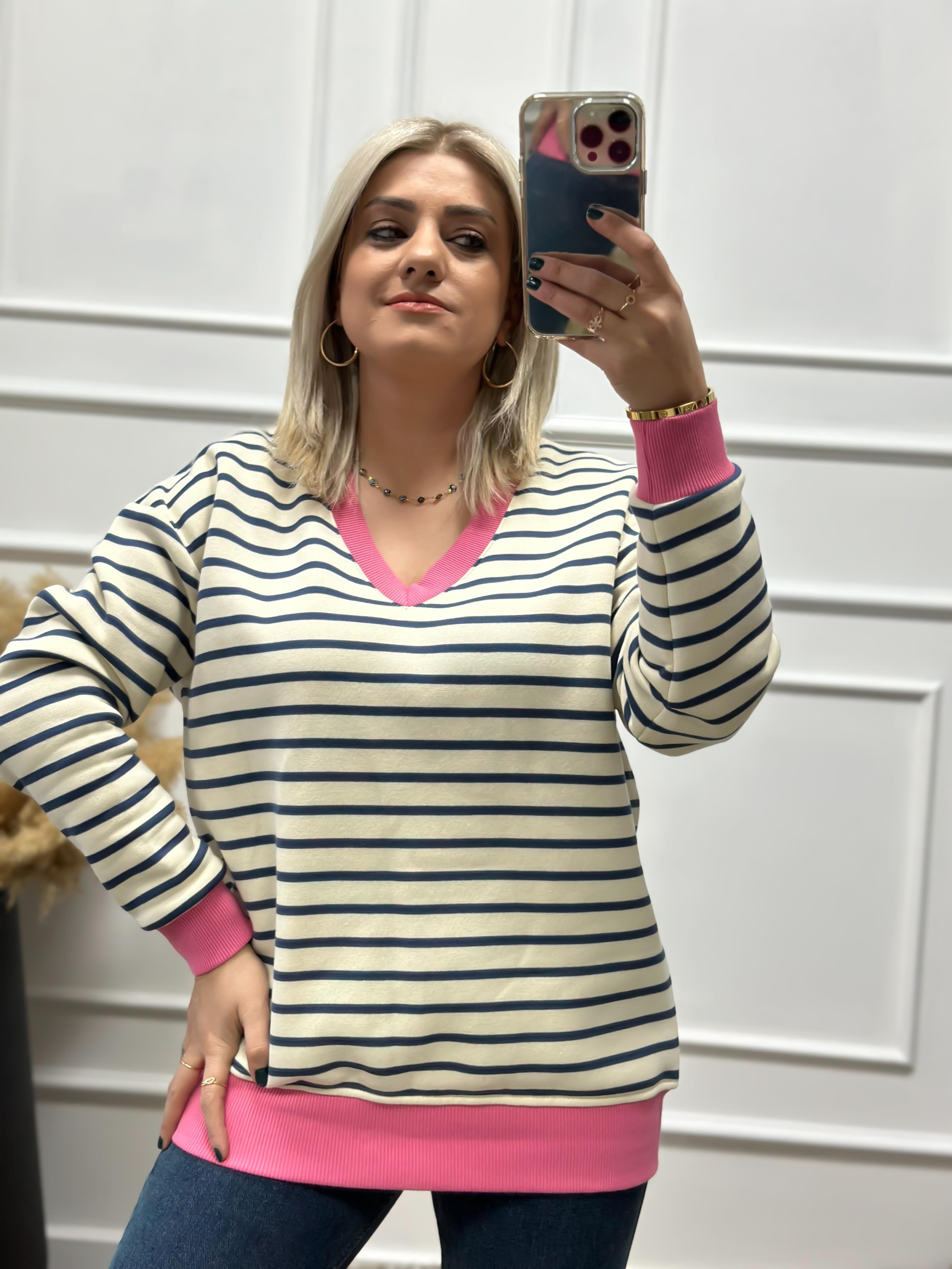 V Yaka Çizgili Şardonlu Sweatshırt BEJ-PEMBE-23KUST000064