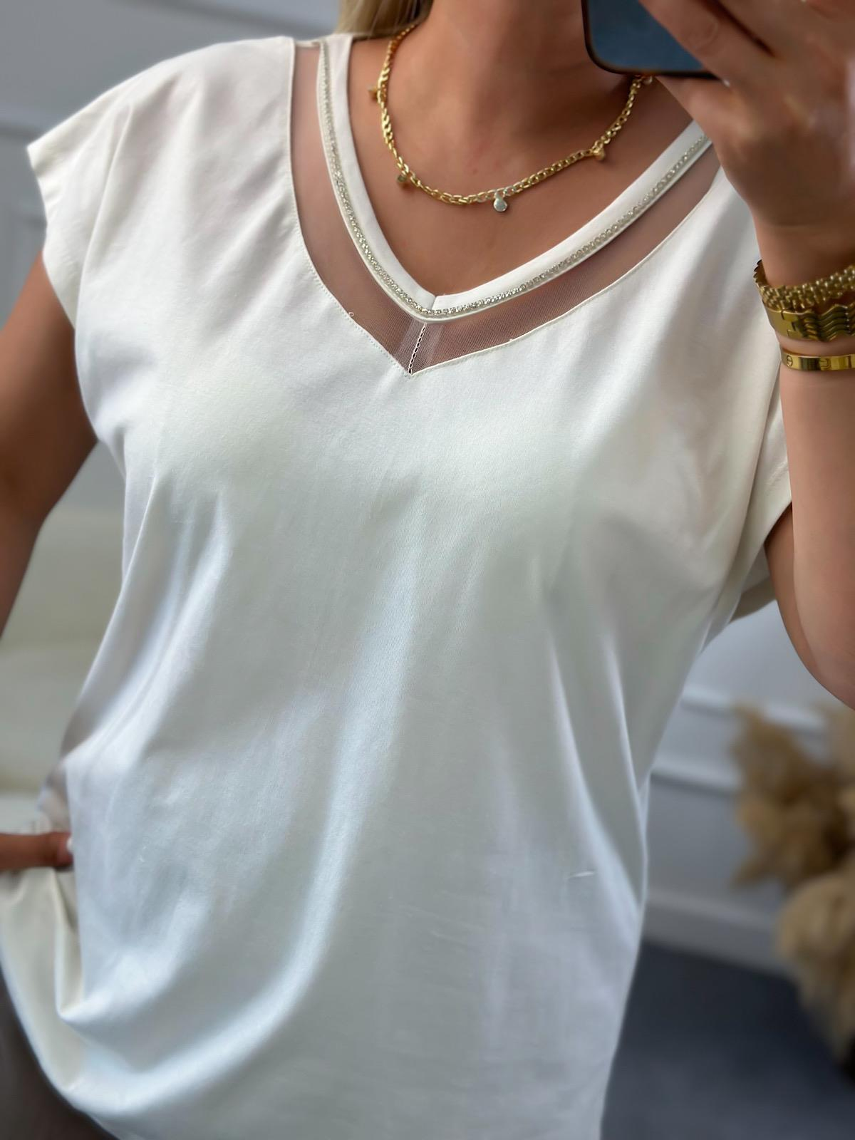 V Yaka Ön Taş Detaylı Tshirt EKRU-23YUST000132