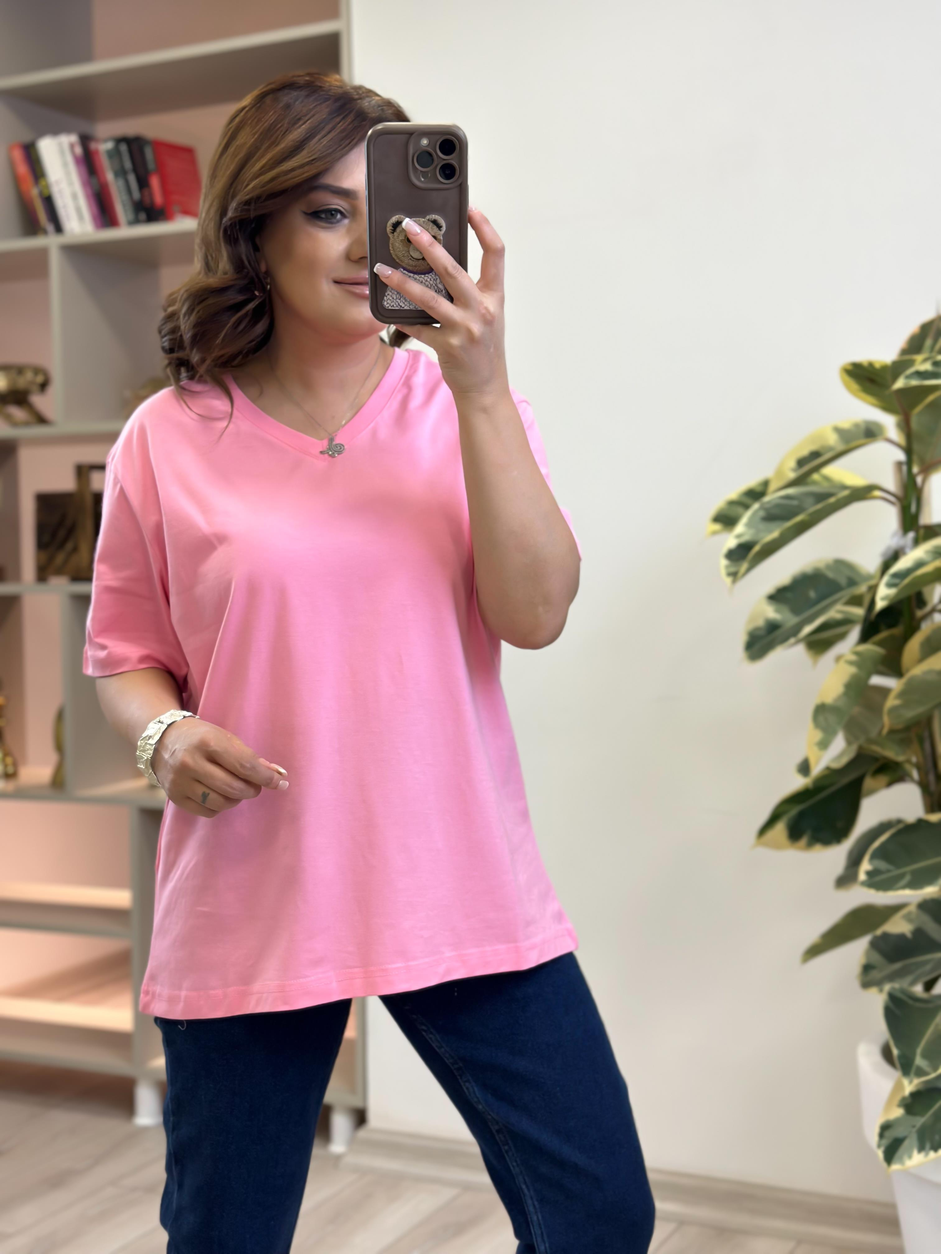 V yaka Pamuklu Tshirt PEMBE-23YUST000263