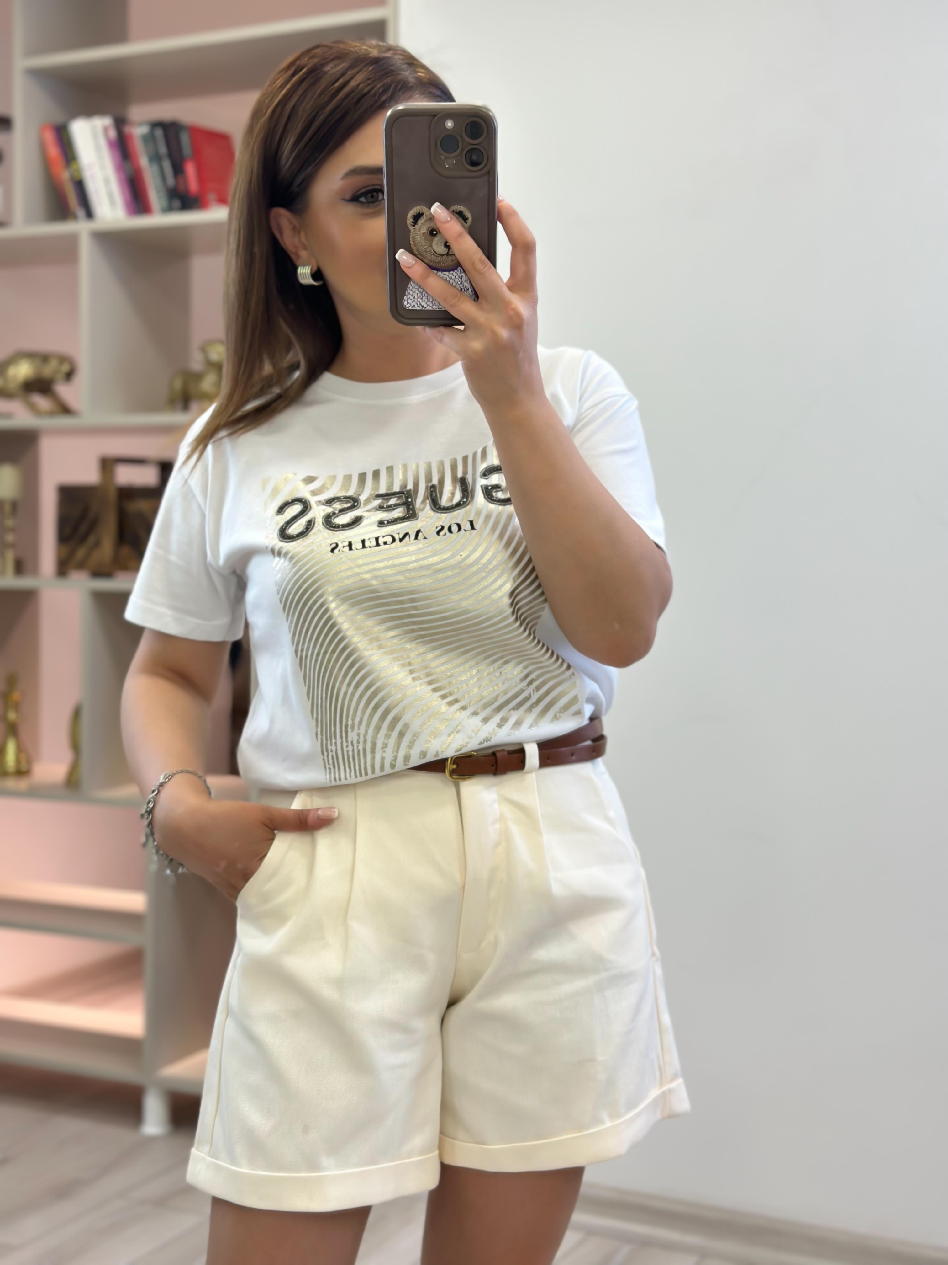 Varak Baskılı Tshirt BEYAZ-23YUST000225