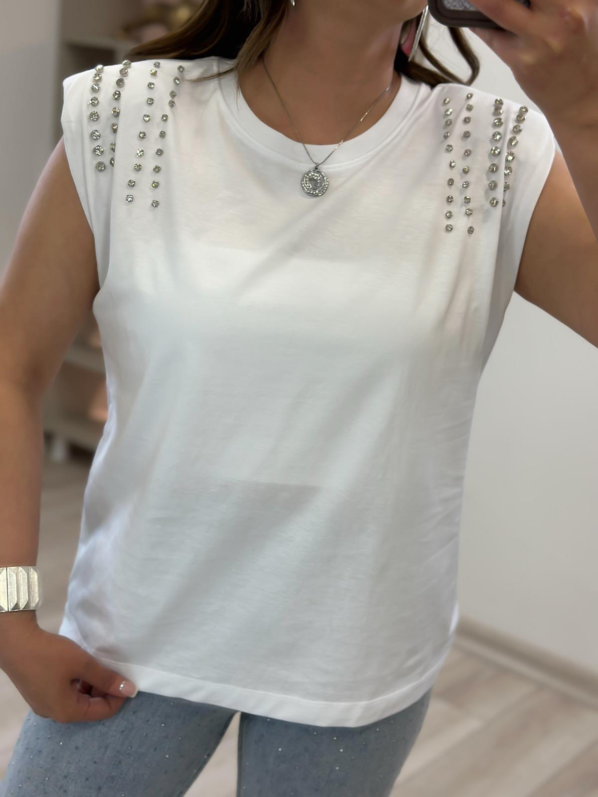 Vatkalı Omuzları Taş Detaylı Tshirt BEYAZ-23YUST000239
