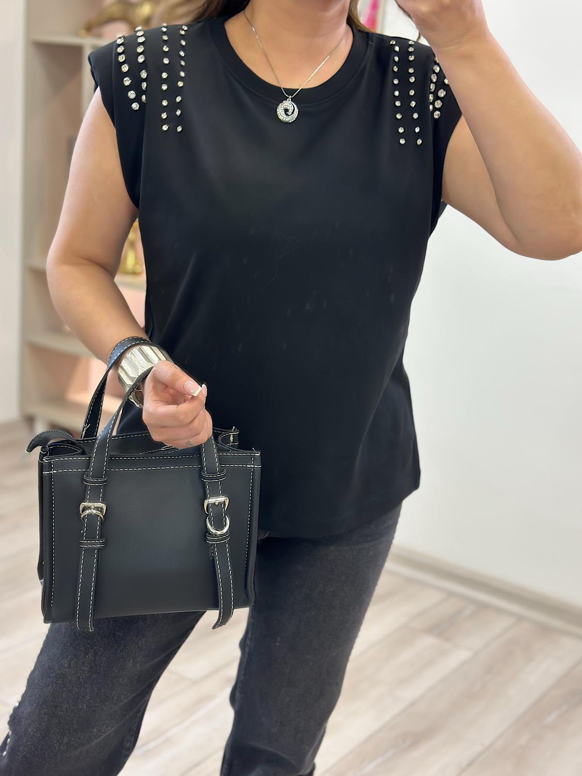 Vatkalı Omuzları Taş Detaylı Tshirt SİYAH-23YUST000239
