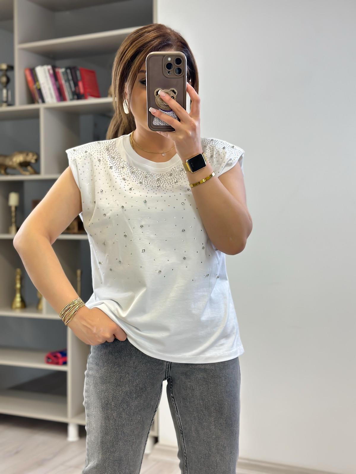 Vatkalı Serpme Taş Detaylı Tshirt BEYAZ-23YUST000230