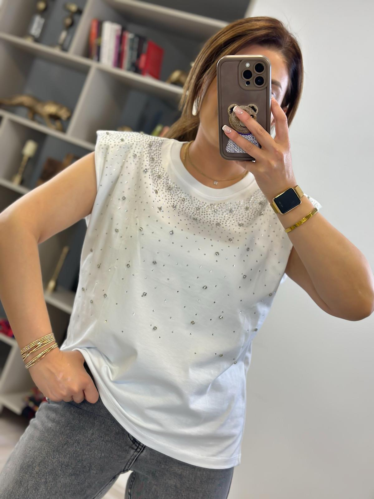 Vatkalı Serpme Taş Detaylı Tshirt BEYAZ-23YUST000230