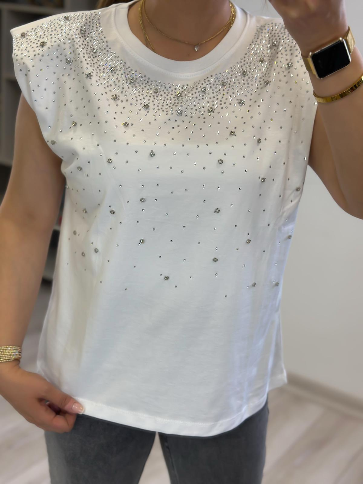 Vatkalı Serpme Taş Detaylı Tshirt BEYAZ-23YUST000230