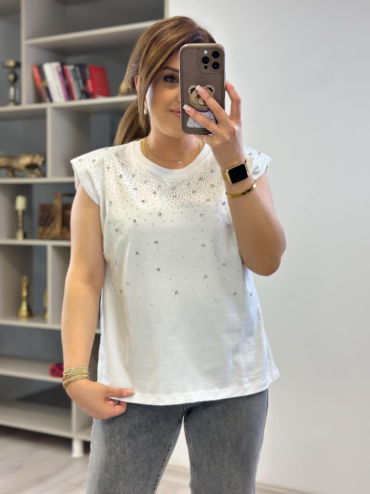 Vatkalı Serpme Taş Detaylı Tshirt BEYAZ-23YUST000230
