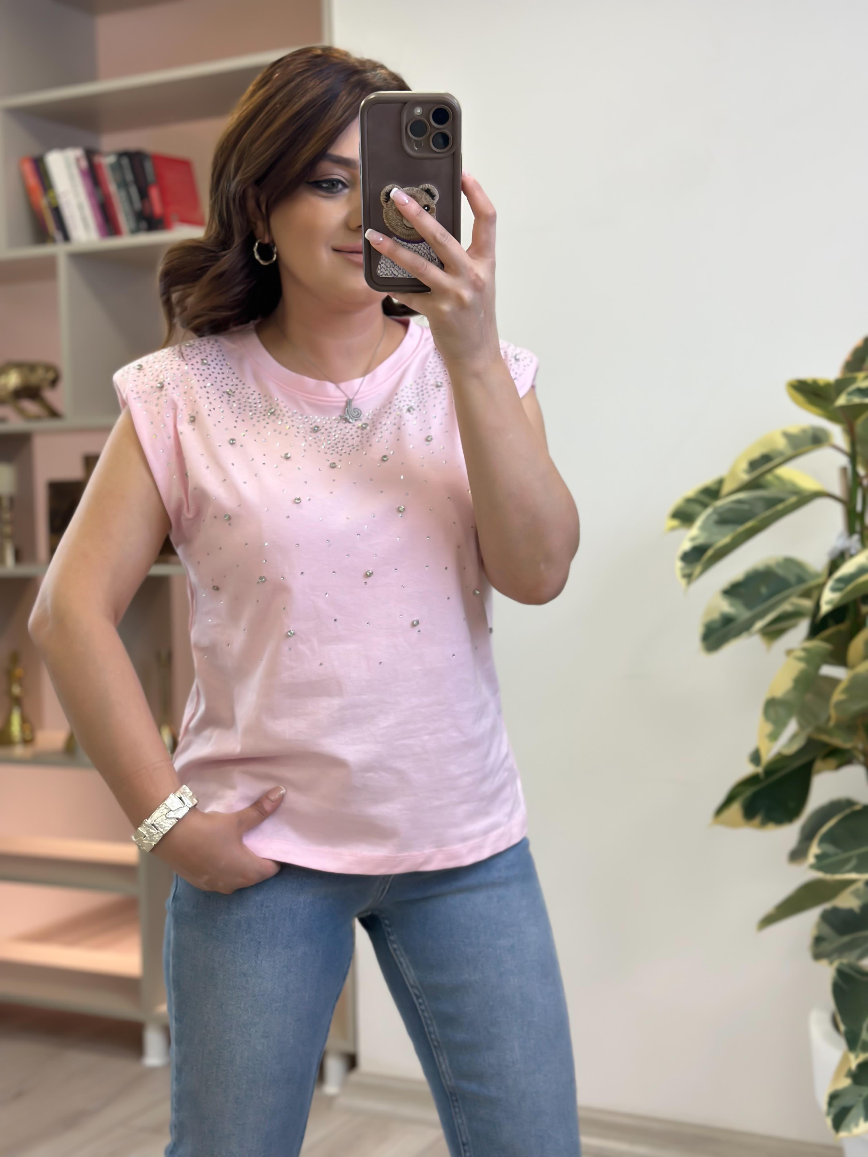 Vatkalı Serpme Taş Detaylı Tshirt PEMBE-23YUST000230