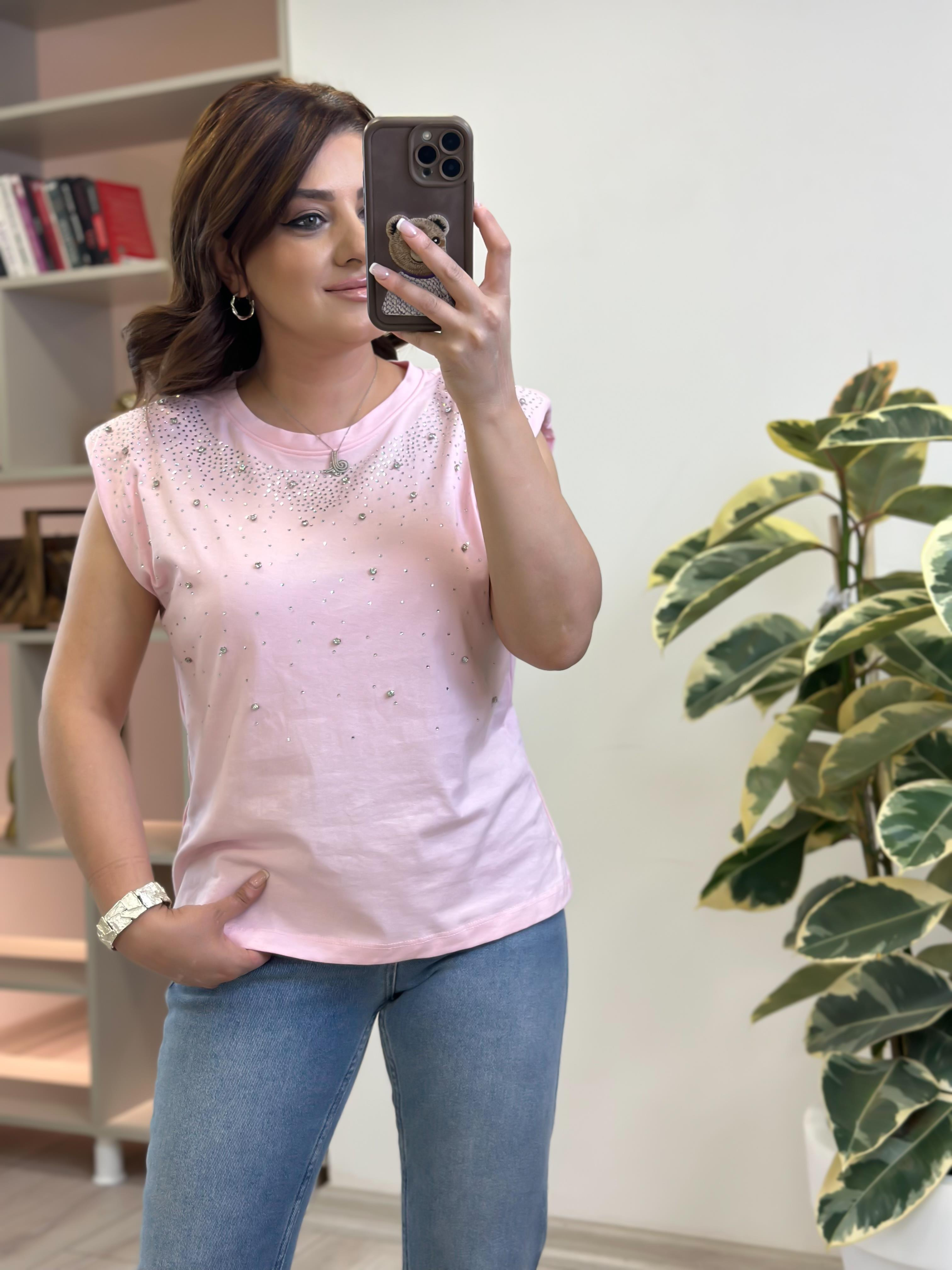 Vatkalı Serpme Taş Detaylı Tshirt PEMBE-23YUST000230