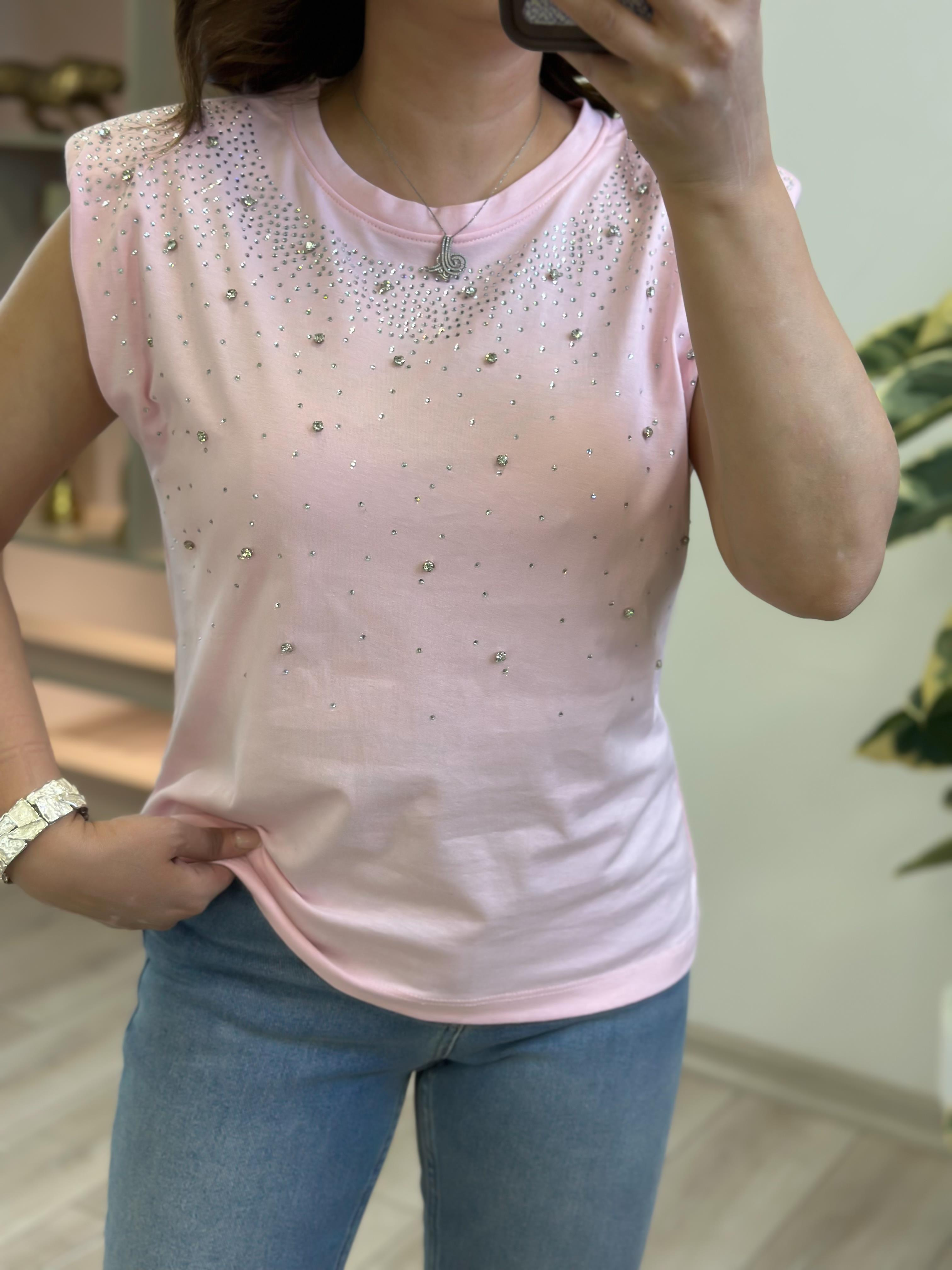 Vatkalı Serpme Taş Detaylı Tshirt PEMBE-23YUST000230