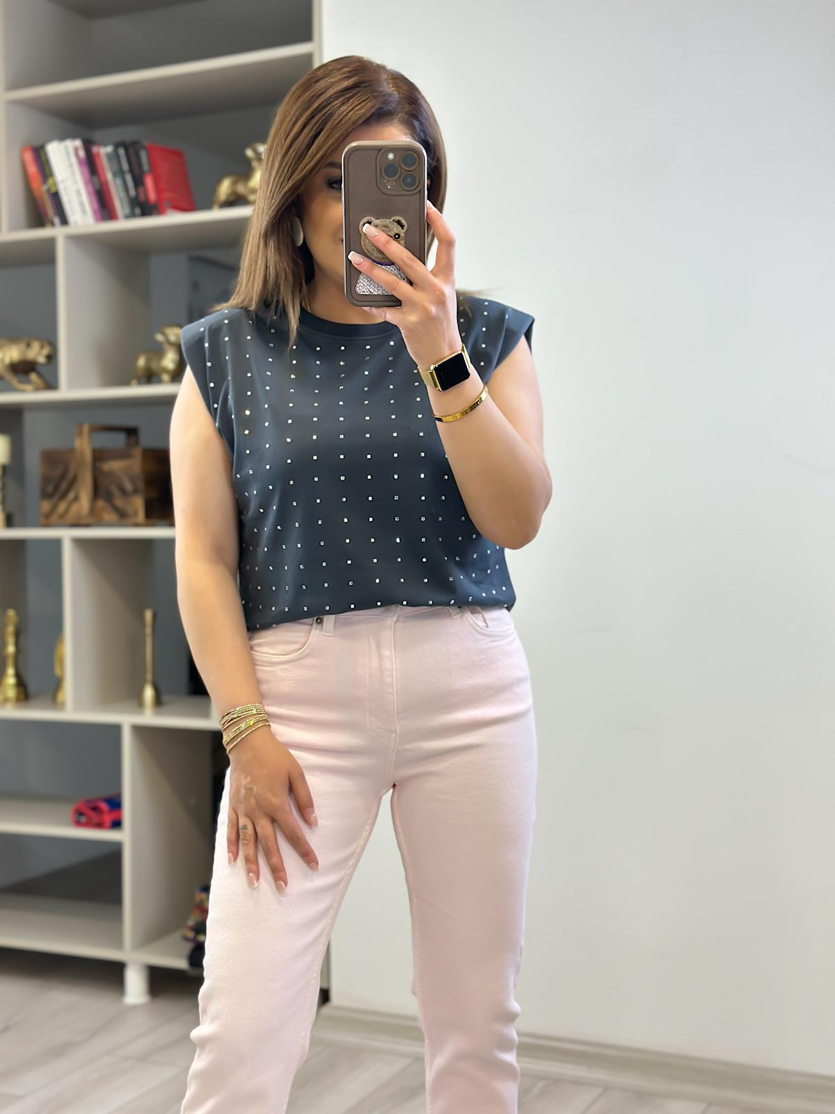 Vatkalı Taşlı Tshirt ANTRASİT-23YUST000231