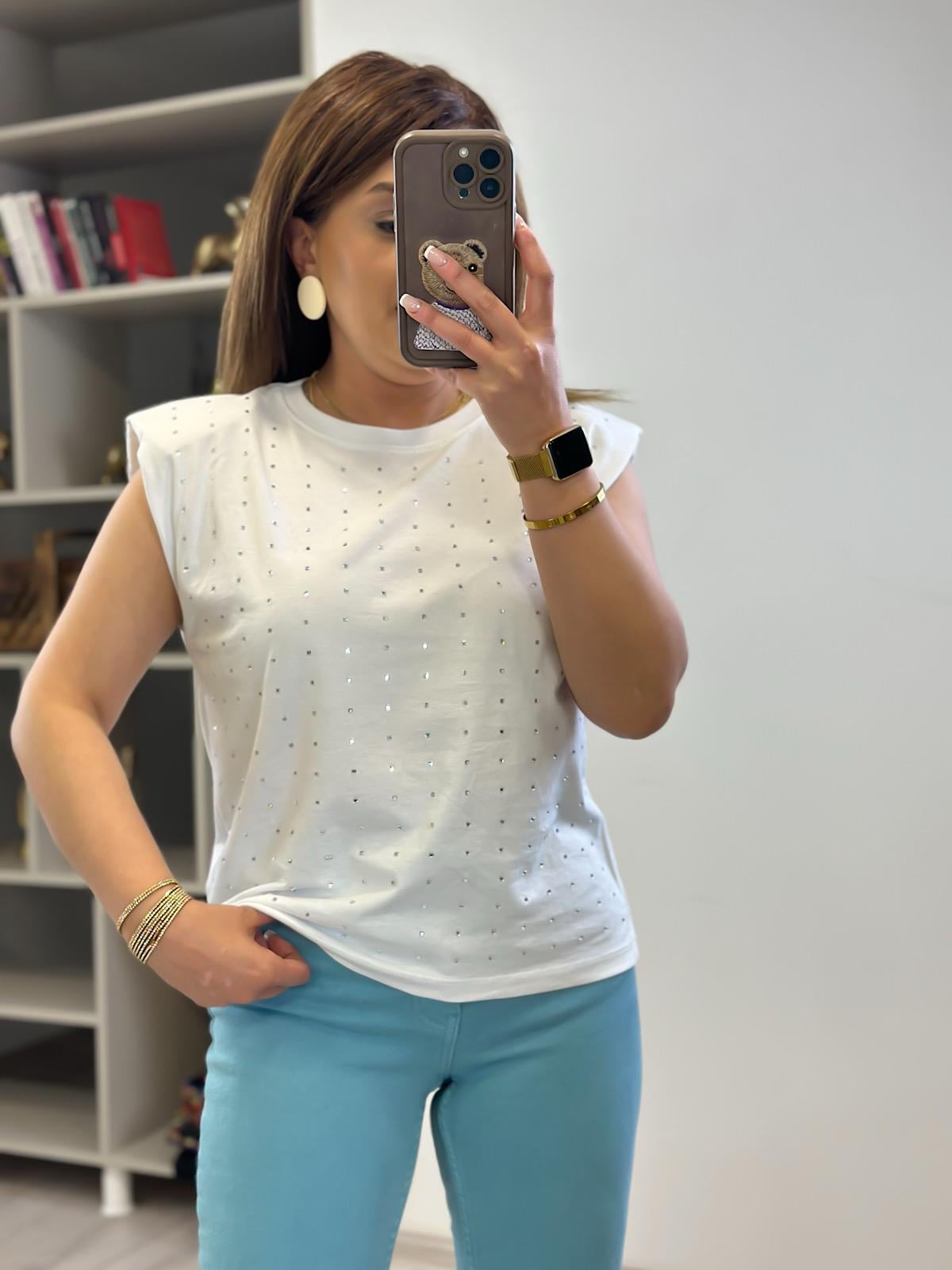 Vatkalı Taşlı Tshirt BEYAZ-23YUST000231