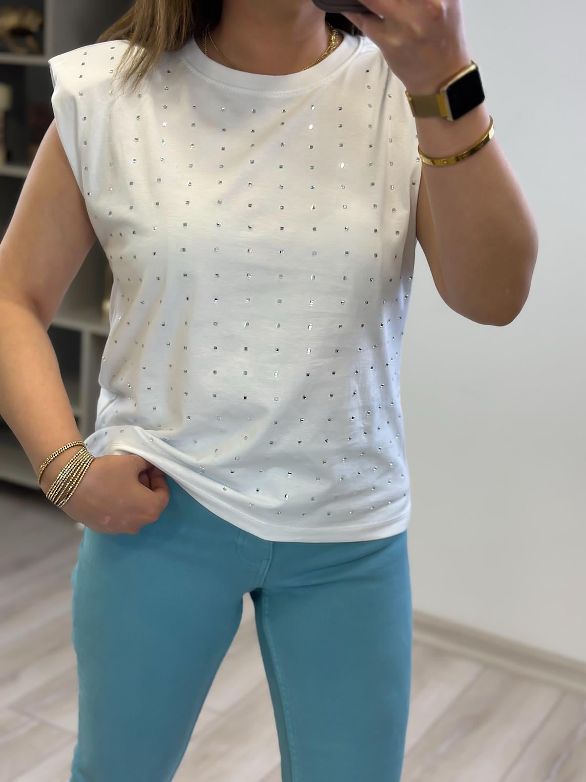 Vatkalı Taşlı Tshirt BEYAZ-23YUST000231