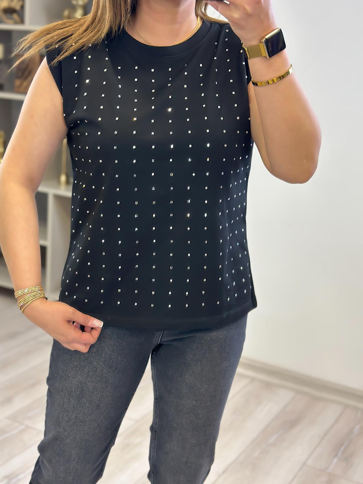 Vatkalı Taşlı Tshirt SİYAH-23YUST000231