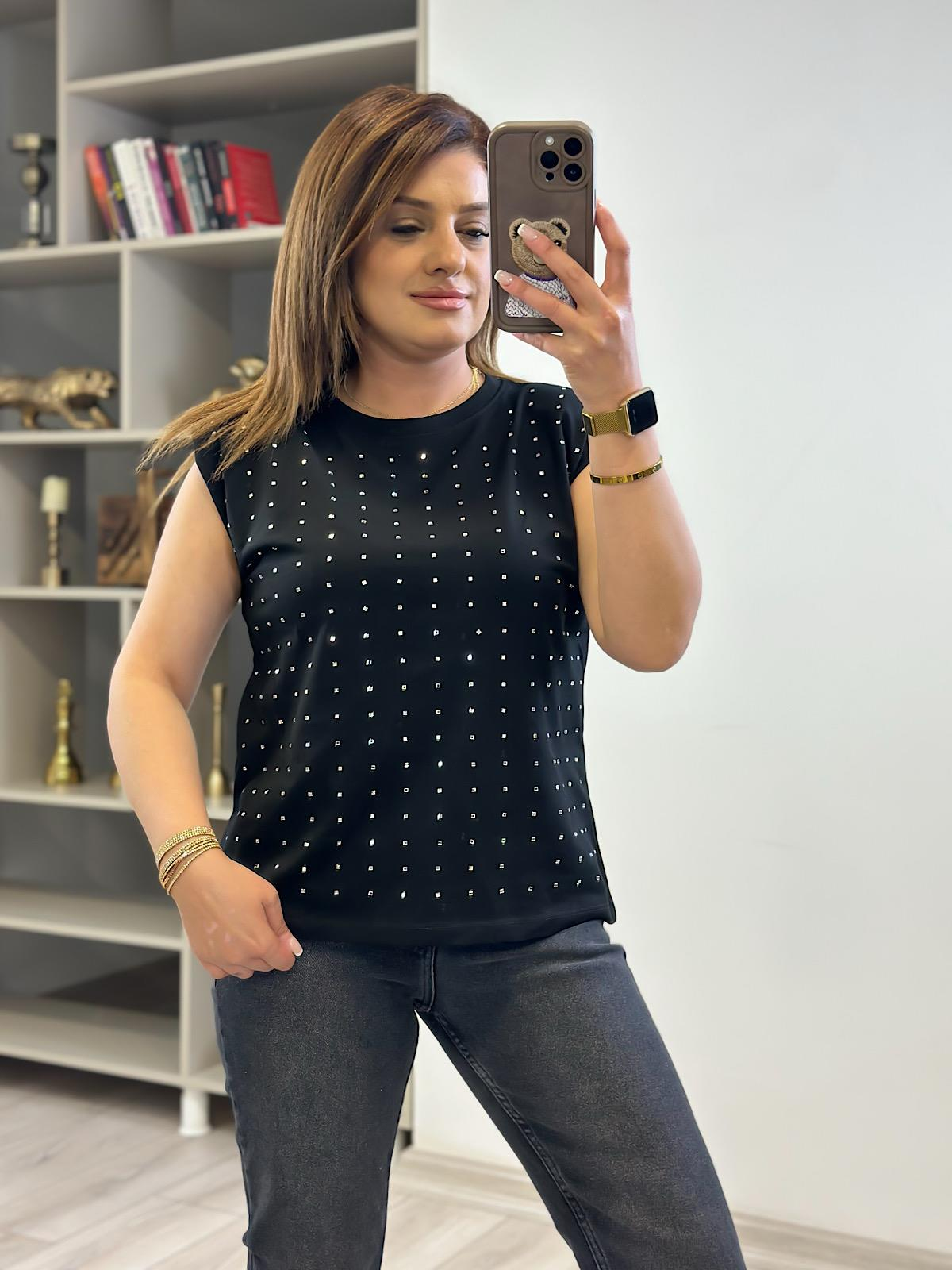 Vatkalı Taşlı Tshirt SİYAH-23YUST000231