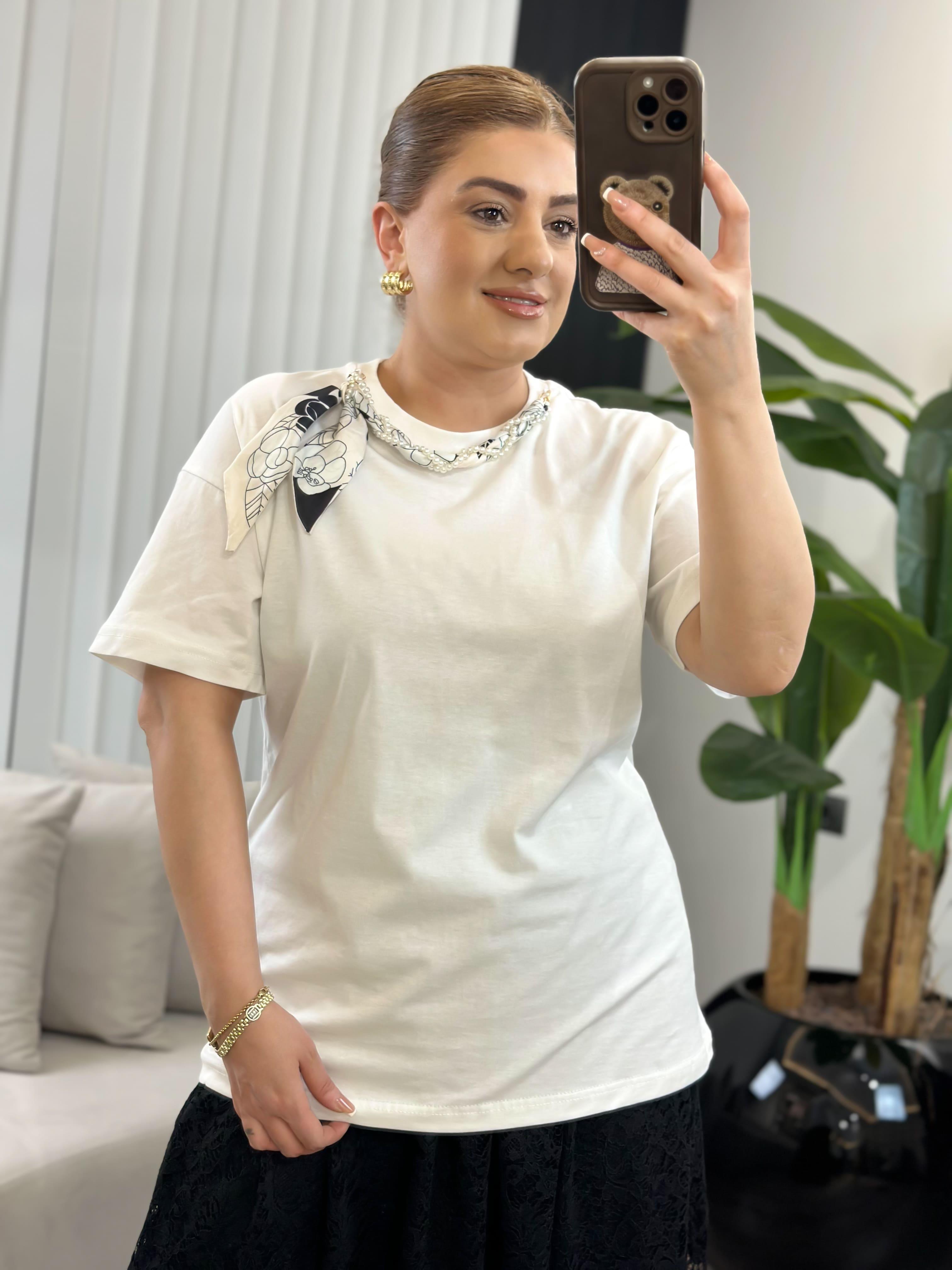 Yaka İncili Fularlı Pamuk Penye Tshirt EKRU-23MeUST00141
