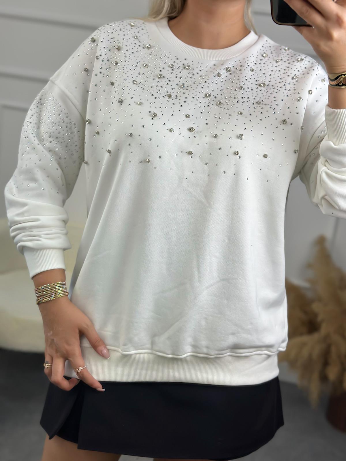 Yaka Kısmı Taş Detaylı Sweatshirt BEYAZ-23KUST000074