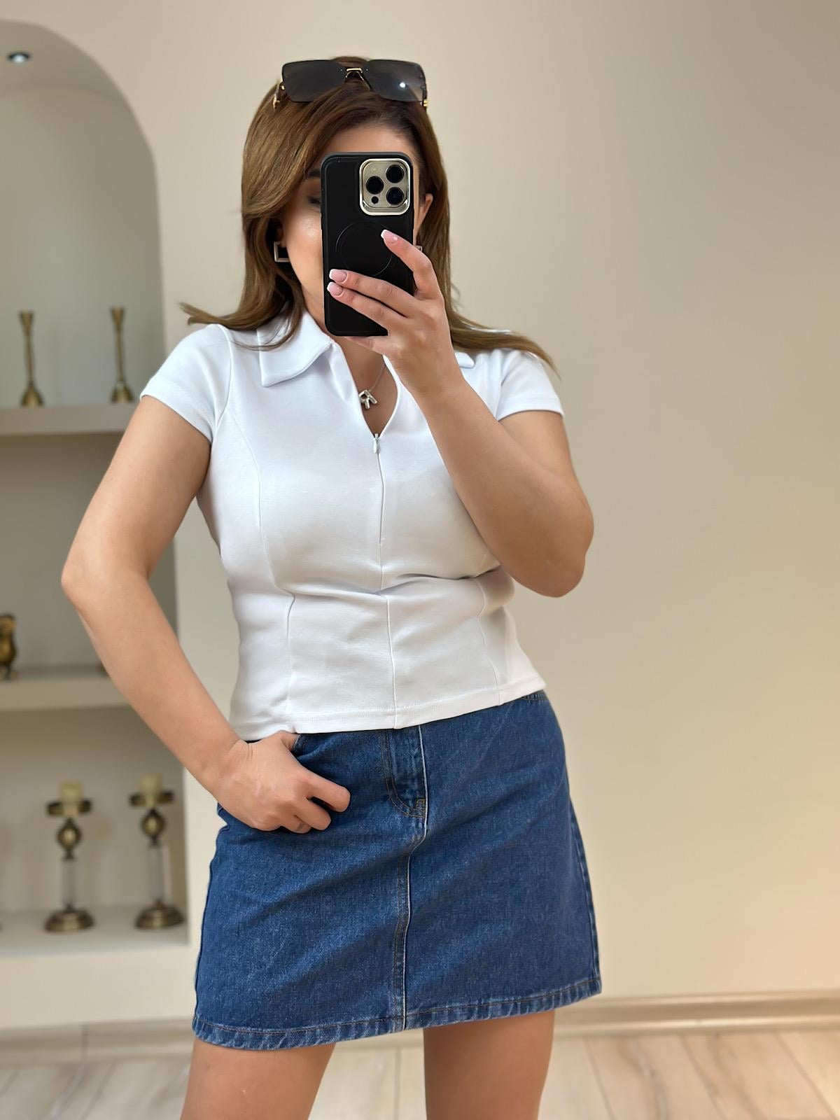 Yakalı Önden Fermuarlı Tshirt BEYAZ-23YUST000178