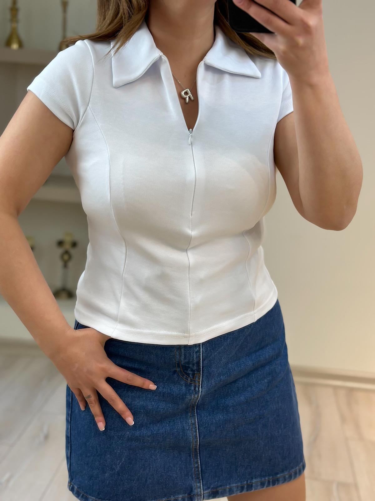 Yakalı Önden Fermuarlı Tshirt BEYAZ-23YUST000178