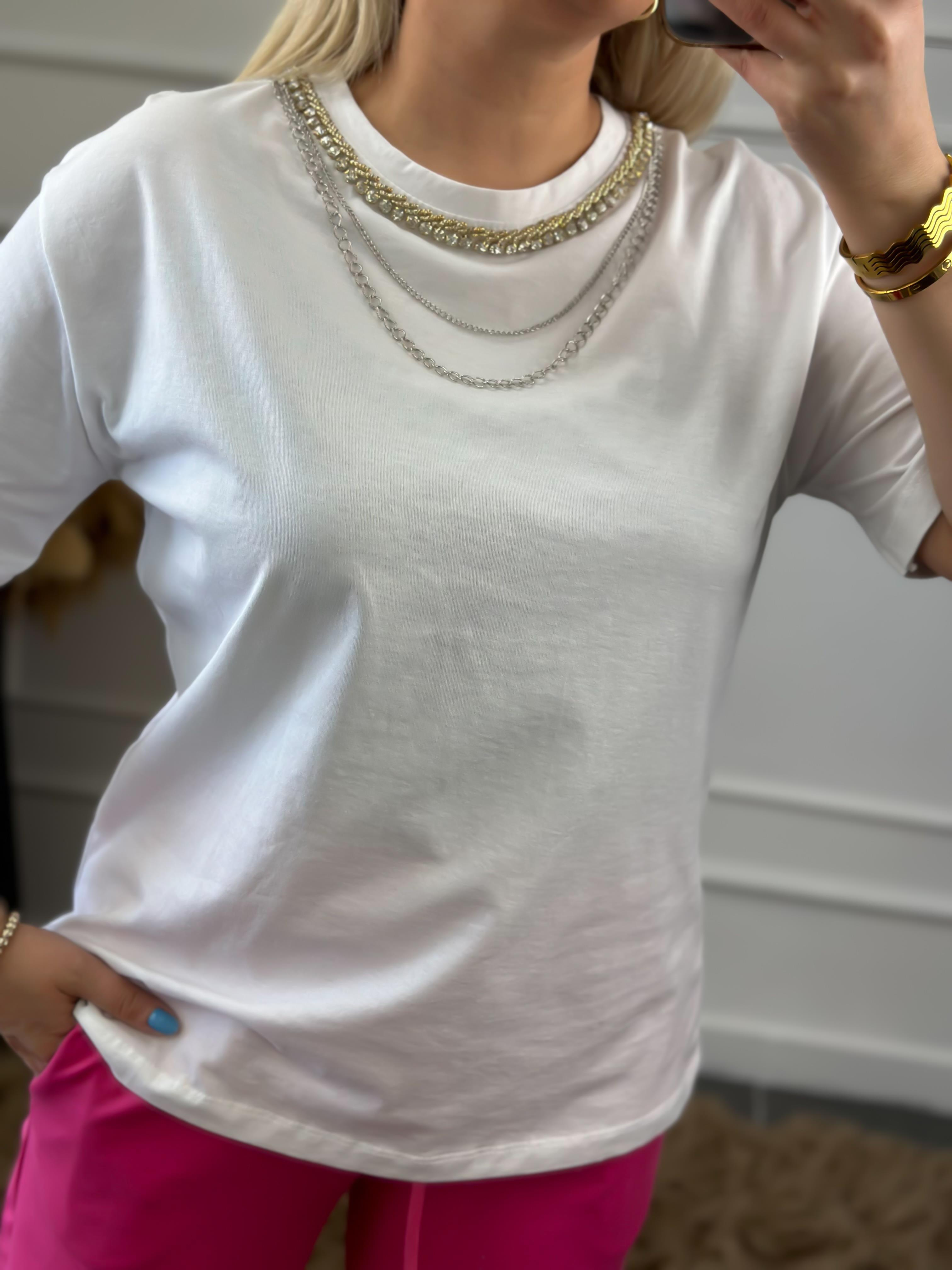 Yakası Kolyeli Tshirt BEYAZ-23YUST000021