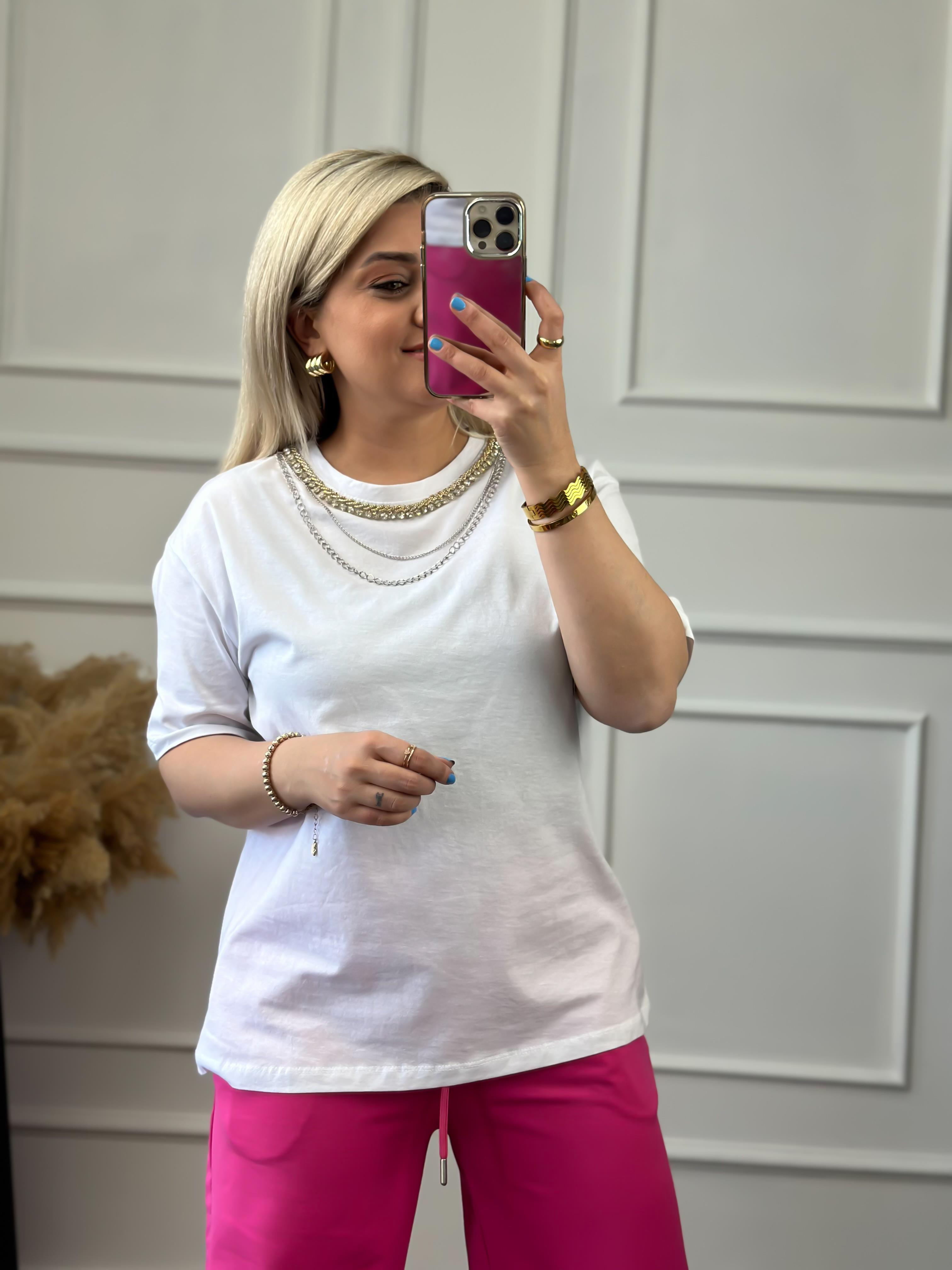 Yakası Kolyeli Tshirt BEYAZ-23YUST000021