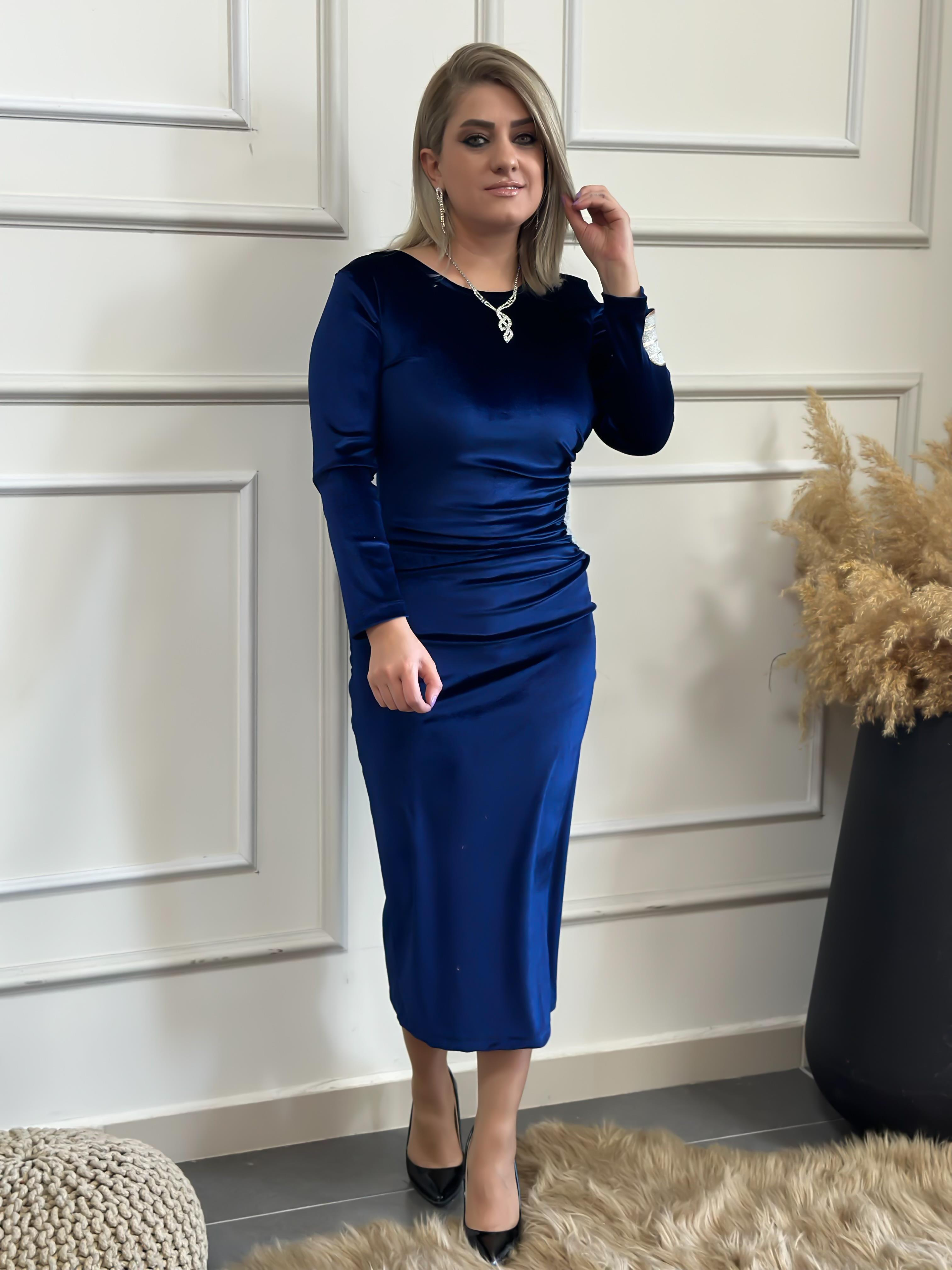 Yandan Drape Detaylı Pul İşlemeli Kadife Elbise SAKS-23KELB000002
