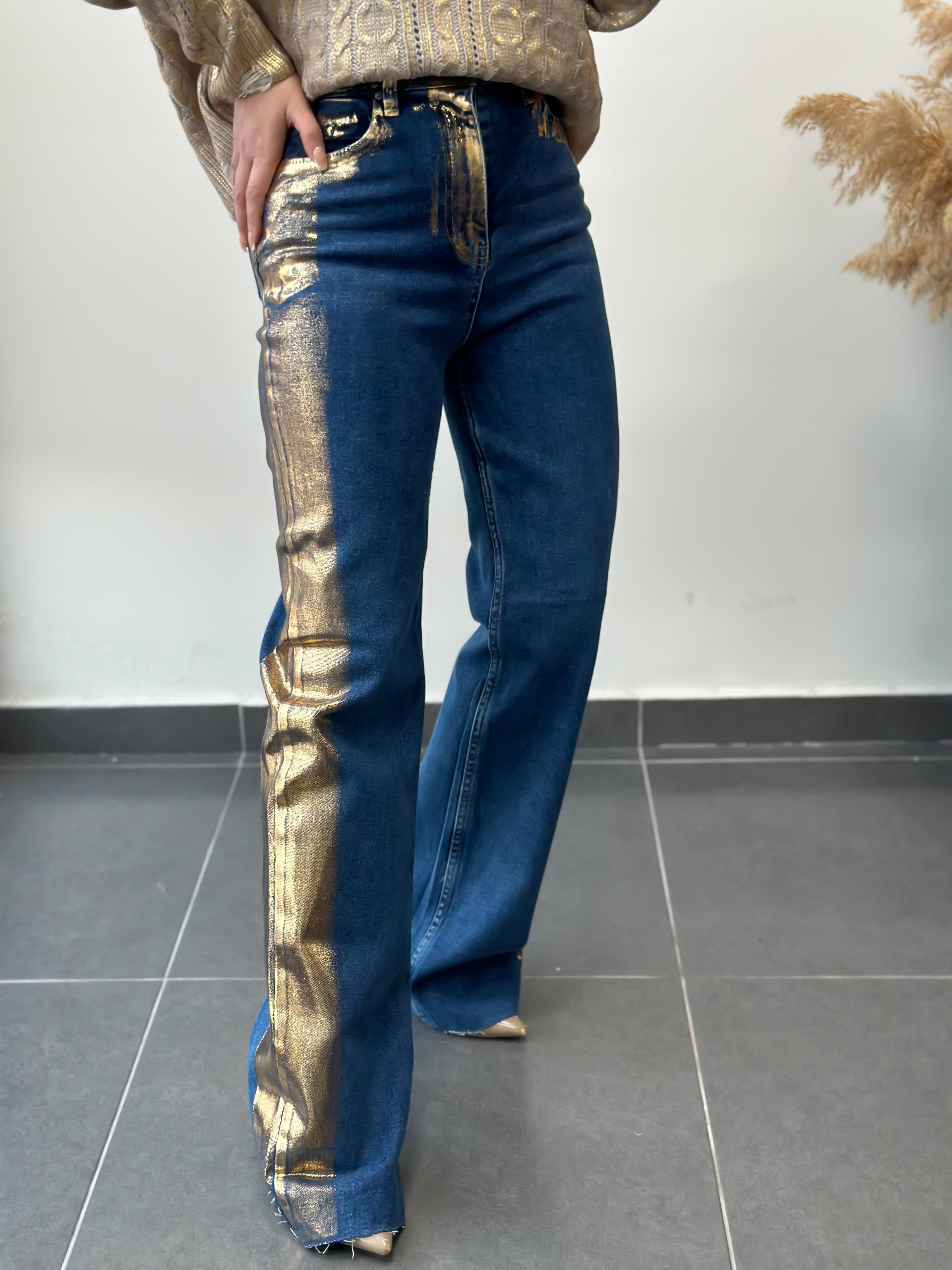 Yanları Geçişli Paça Yırtık Tasarım Palazzo Jean GOLD-23KALT000011