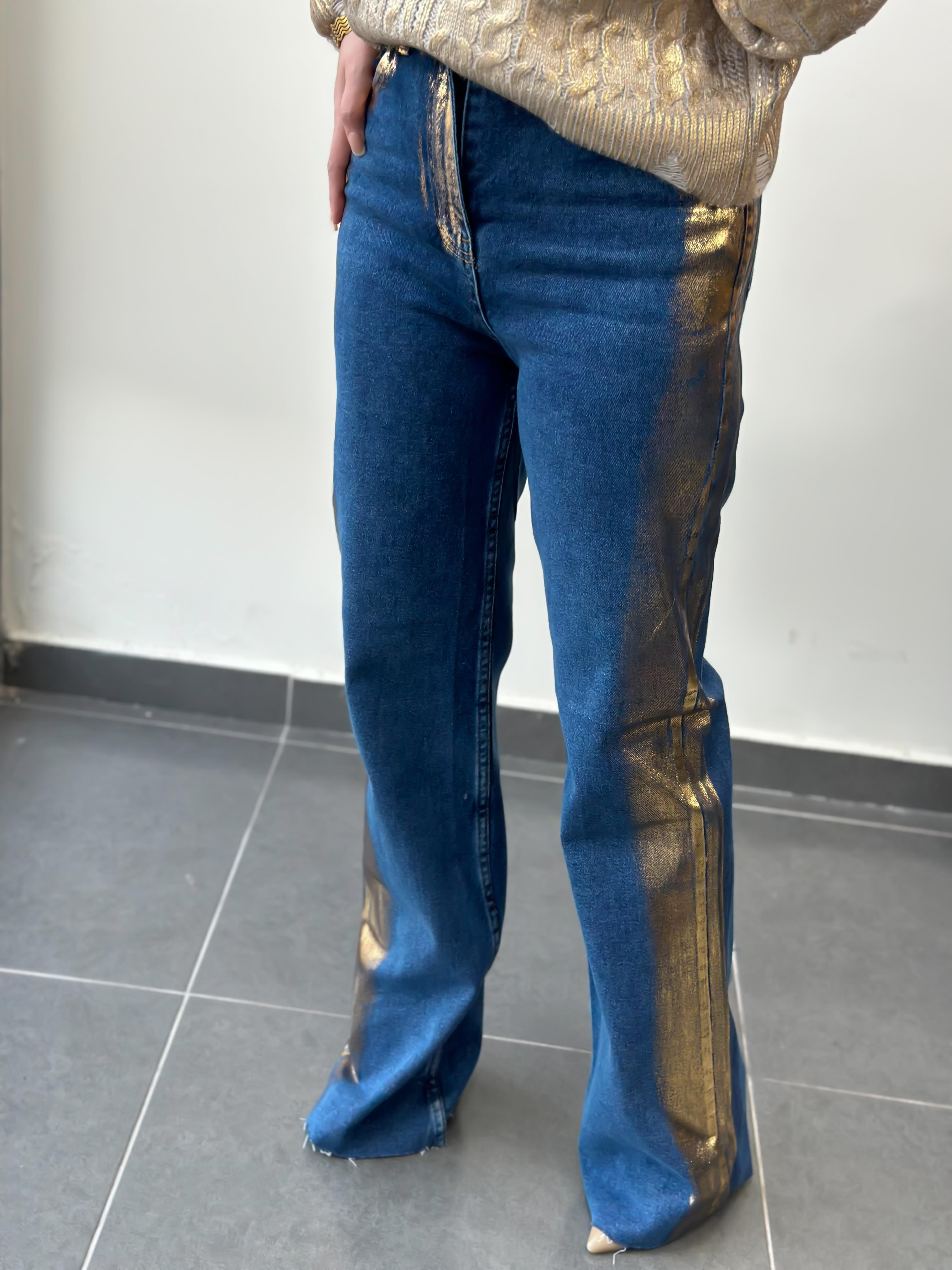 Yanları Geçişli Paça Yırtık Tasarım Palazzo Jean GOLD-23KALT000011