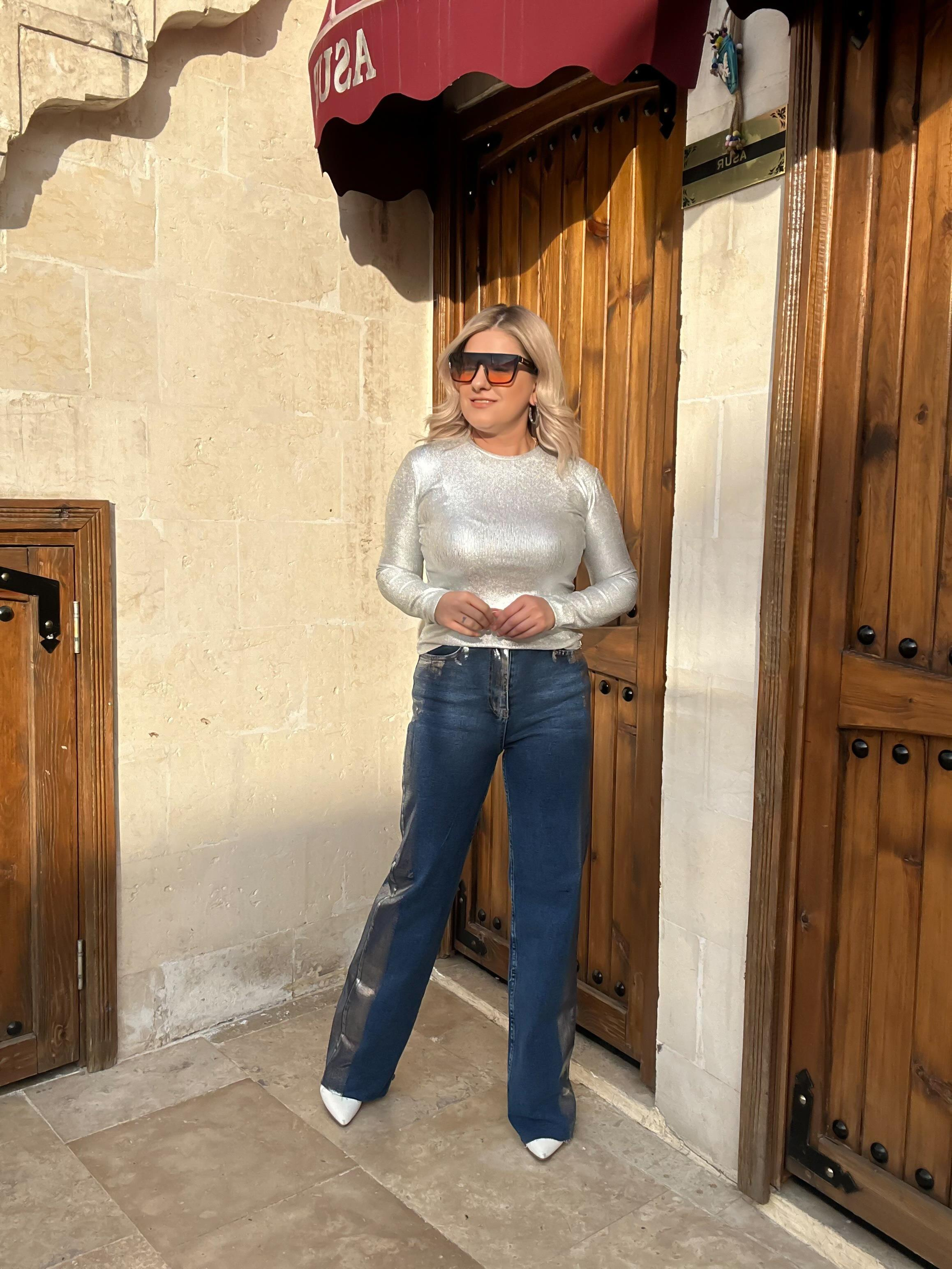 Yanları Geçişli Paça Yırtık Tasarım Palazzo Jean GÜMÜŞ-23KALT000011