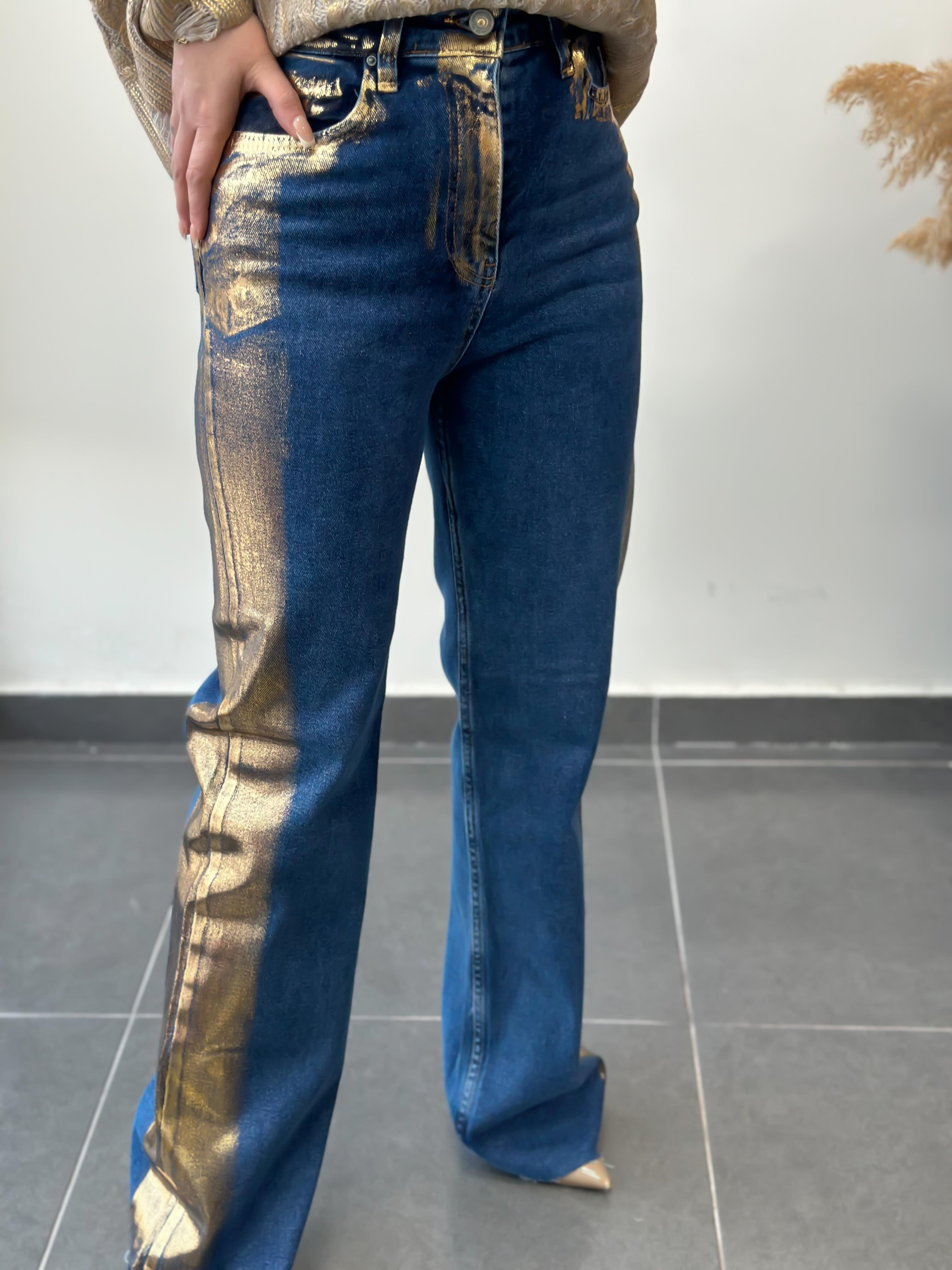 Yanları Geçişli Paça Yırtık Tasarım Palazzo Jean GOLD-23KALT000011